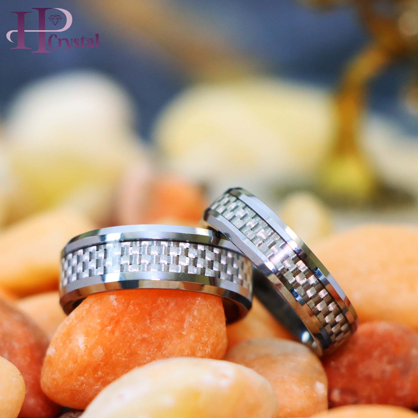 Grey Carbon Fiber Inlay Low Beveled Edge Tungsten Ring