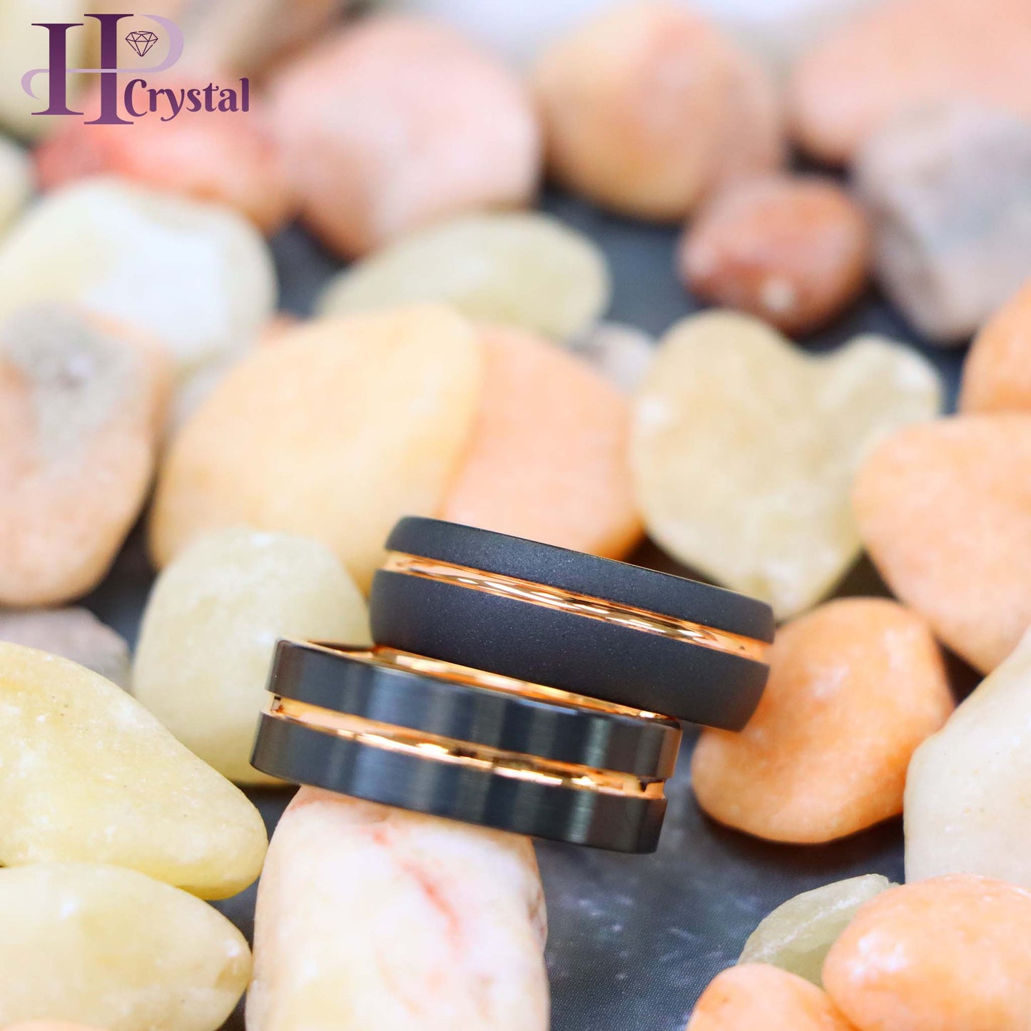 Domed Rose Gold & Black IP Plated Sandblasted Finish/Rose & Black IP Grooved Pipe-Cut Tungsten Ring