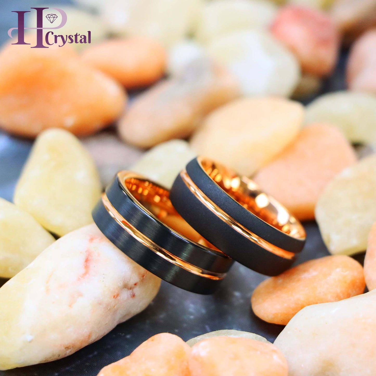 Domed Rose Gold & Black IP Plated Sandblasted Finish/Rose & Black IP Grooved Pipe-Cut Tungsten Ring