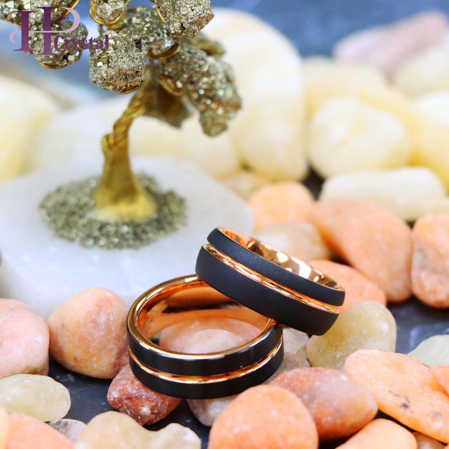 Domed Rose Gold & Black IP Plated Sandblasted Finish/Rose & Black IP Grooved Pipe-Cut Tungsten Ring