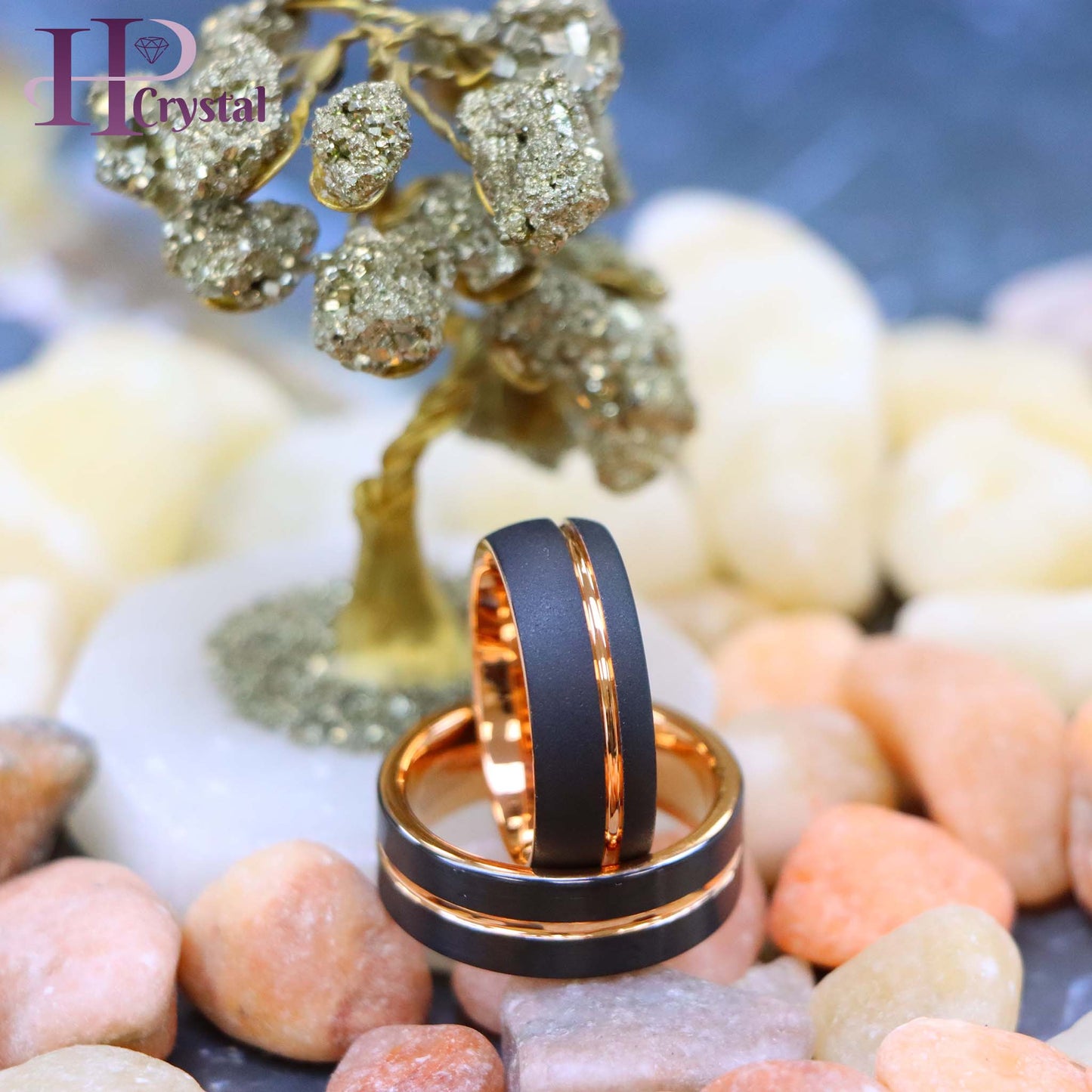 Domed Rose Gold & Black IP Plated Sandblasted Finish/Rose & Black IP Grooved Pipe-Cut Tungsten Ring
