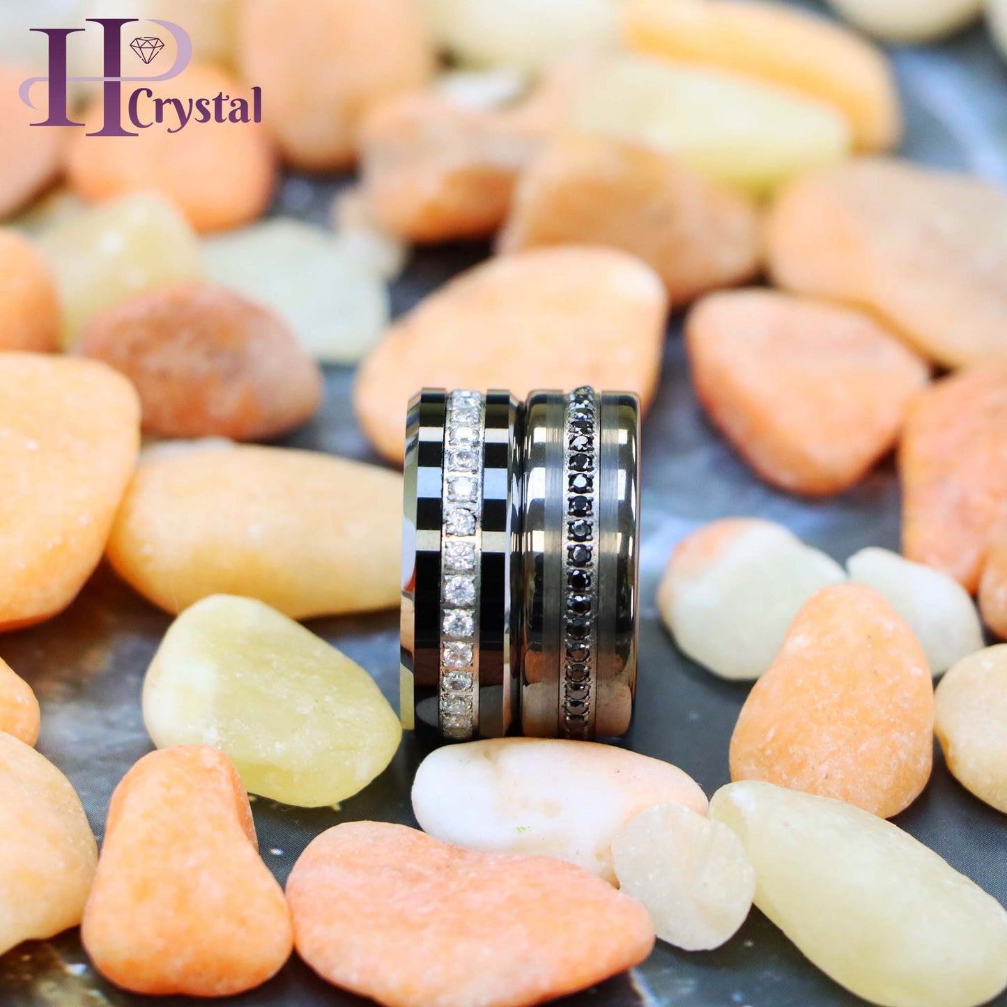 Men’s Black IP Tungsten Ring – White/Black CZ Eternity Band, Beveled Edge