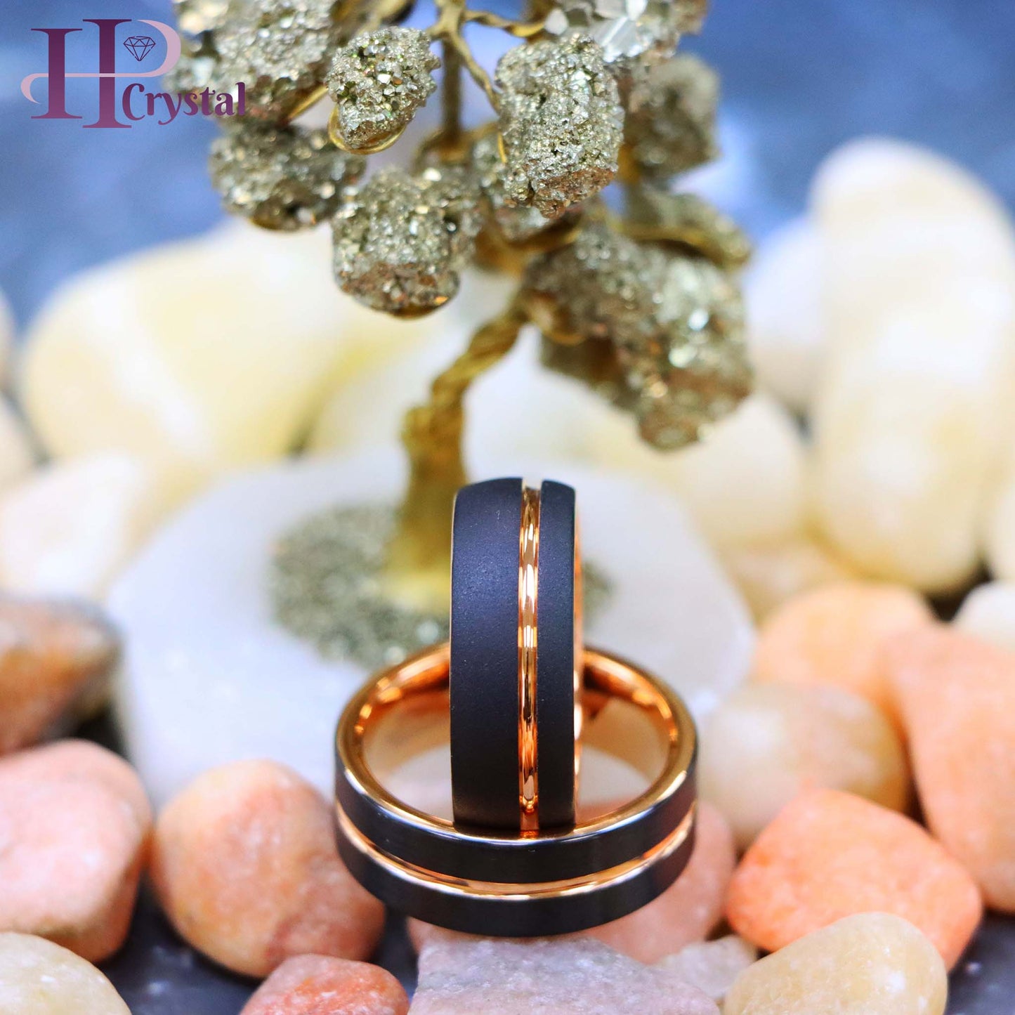 Domed Rose Gold & Black IP Plated Sandblasted Finish/Rose & Black IP Grooved Pipe-Cut Tungsten Ring