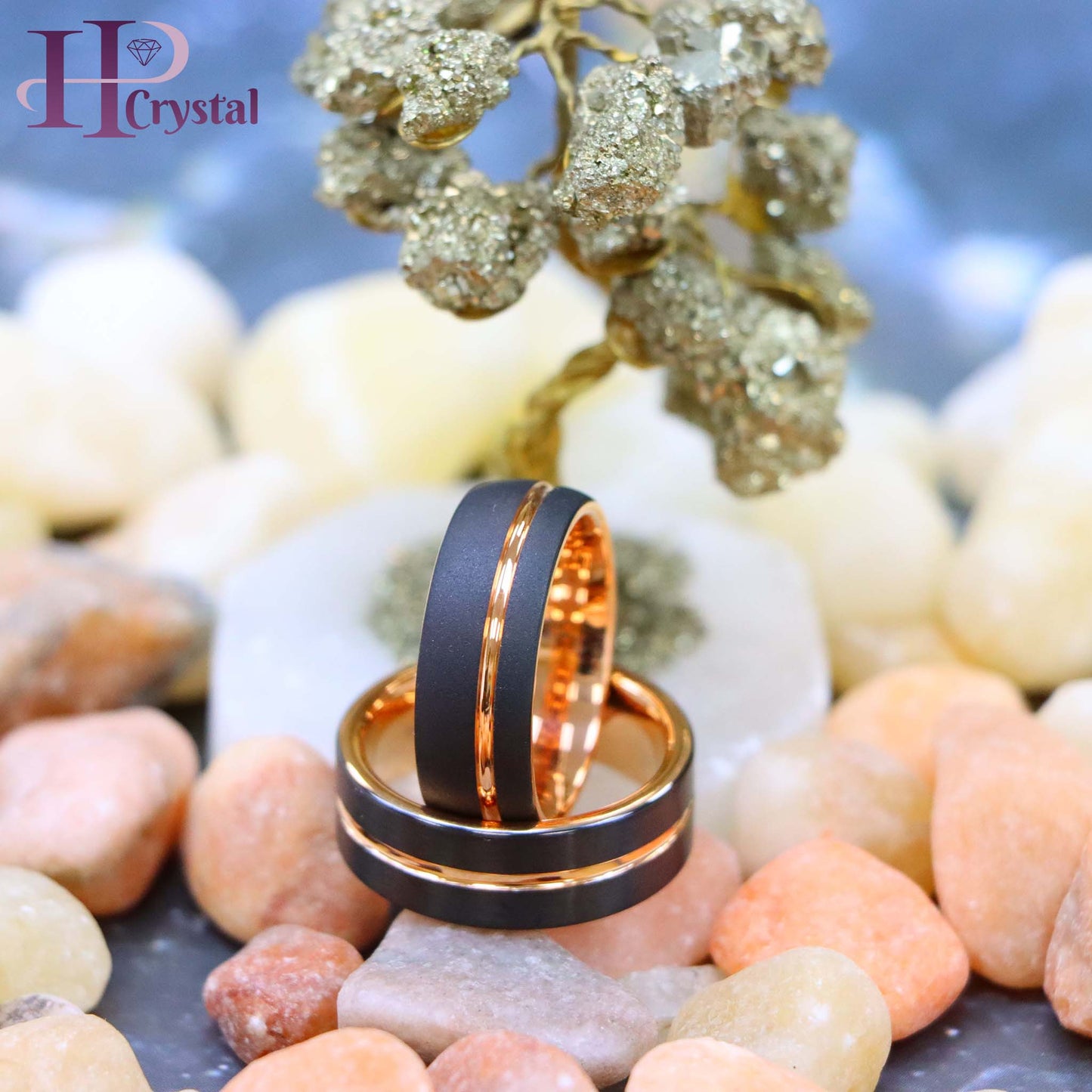 Domed Rose Gold & Black IP Plated Sandblasted Finish/Rose & Black IP Grooved Pipe-Cut Tungsten Ring