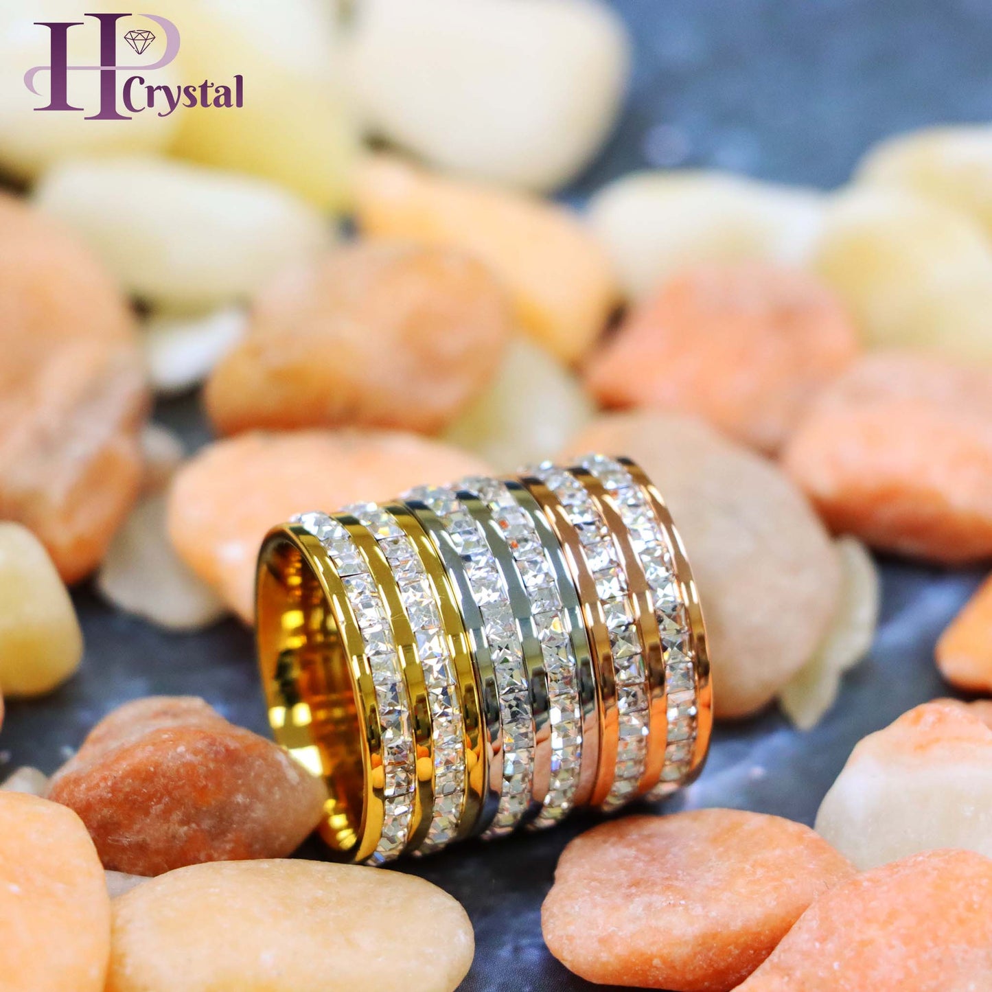 Rose Gold IP Plated//Yellow Gold IP/ Unplated Titanium Ring with Double Row Princess Cut Eternity CZ