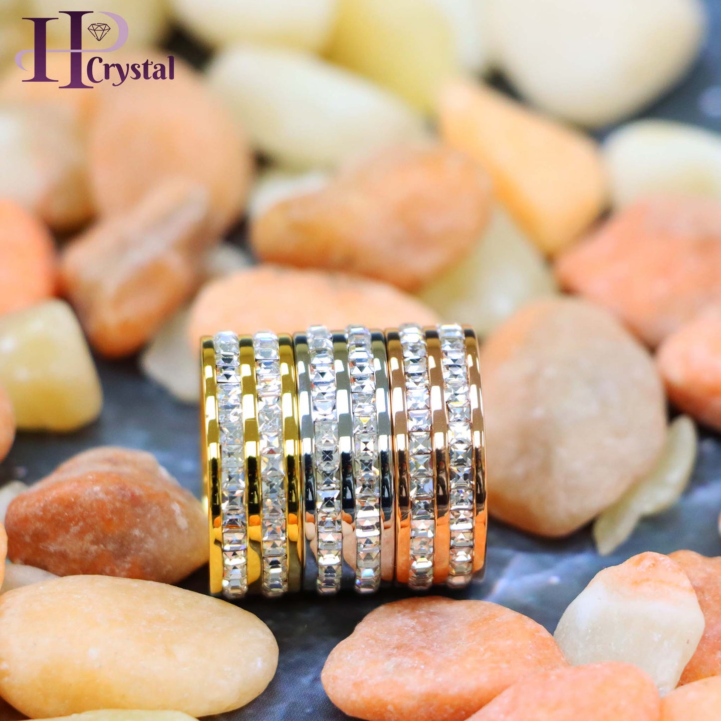 Rose Gold IP Plated//Yellow Gold IP/ Unplated Titanium Ring with Double Row Princess Cut Eternity CZ
