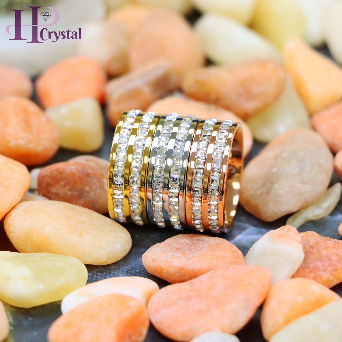 Rose Gold IP Plated//Yellow Gold IP/ Unplated Titanium Ring with Double Row Princess Cut Eternity CZ