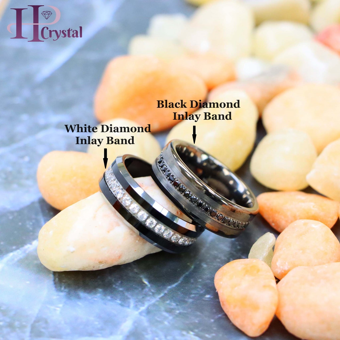 Men’s Black IP Tungsten Ring – White/Black CZ Eternity Band, Beveled Edge
