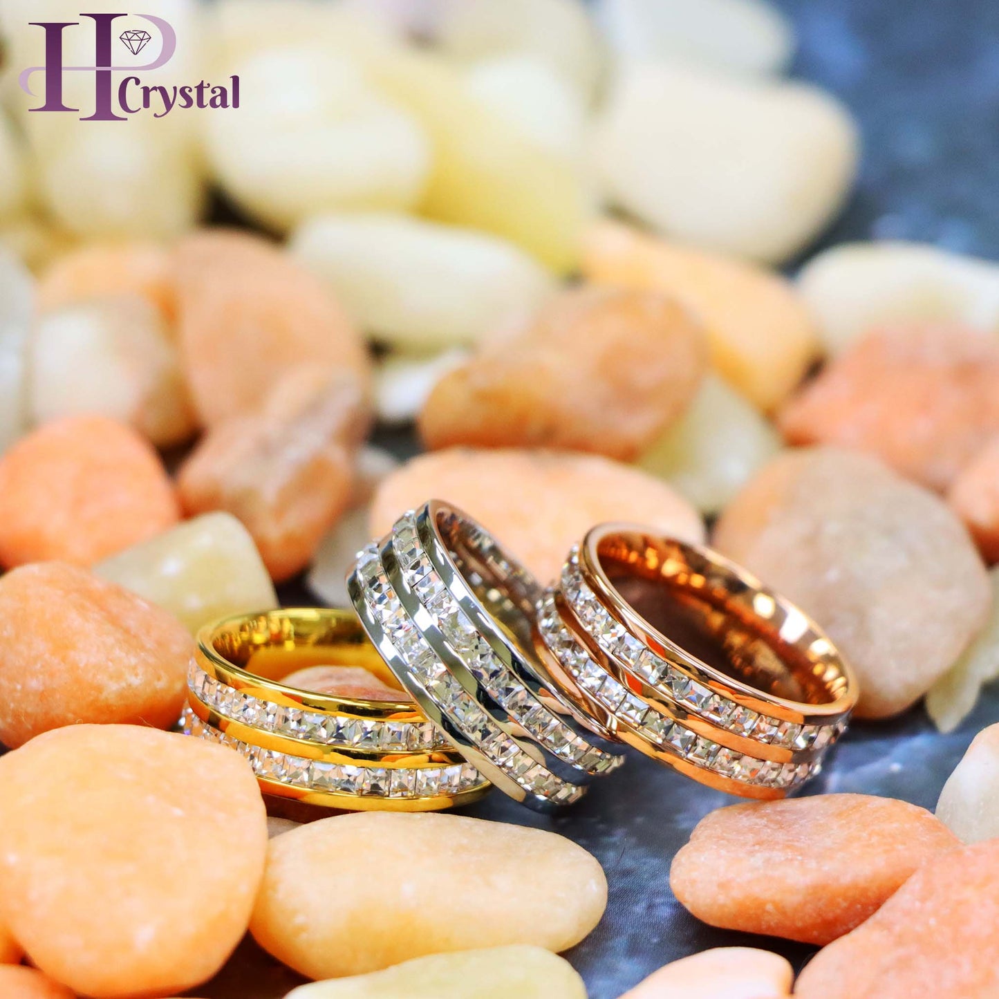 Rose Gold IP Plated//Yellow Gold IP/ Unplated Titanium Ring with Double Row Princess Cut Eternity CZ