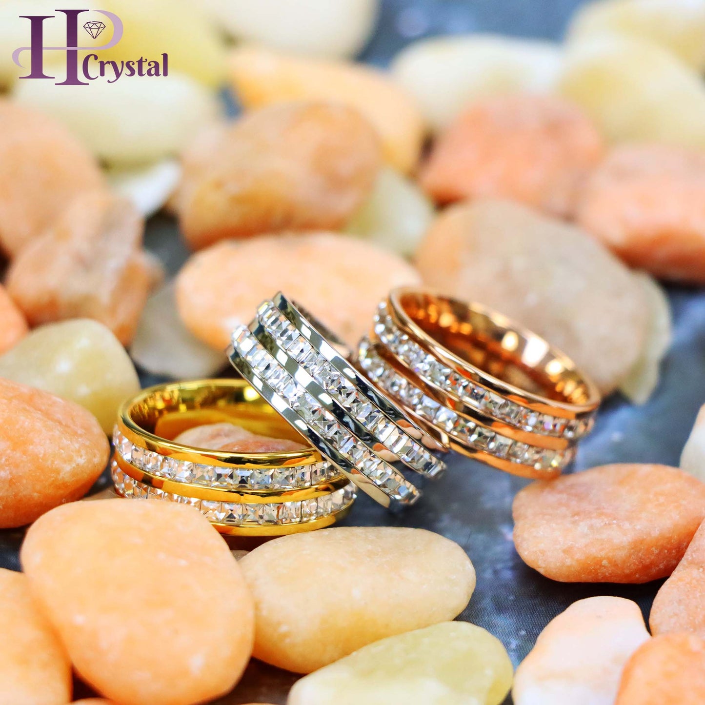 Rose Gold IP Plated//Yellow Gold IP/ Unplated Titanium Ring with Double Row Princess Cut Eternity CZ