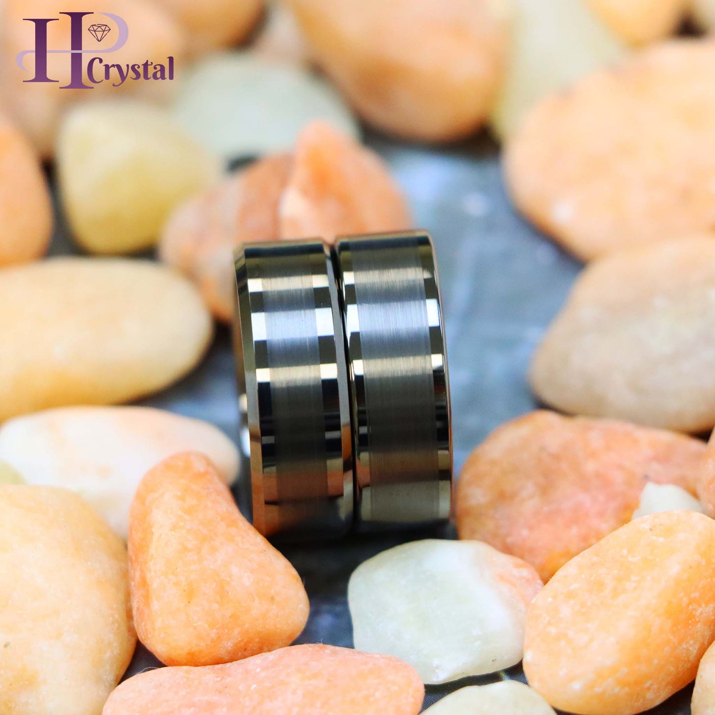 Gun Metal IP Plated Pipe Cut Brushed Center Shiny Lines Beveled Edge/Flat Edge Tungsten Ring