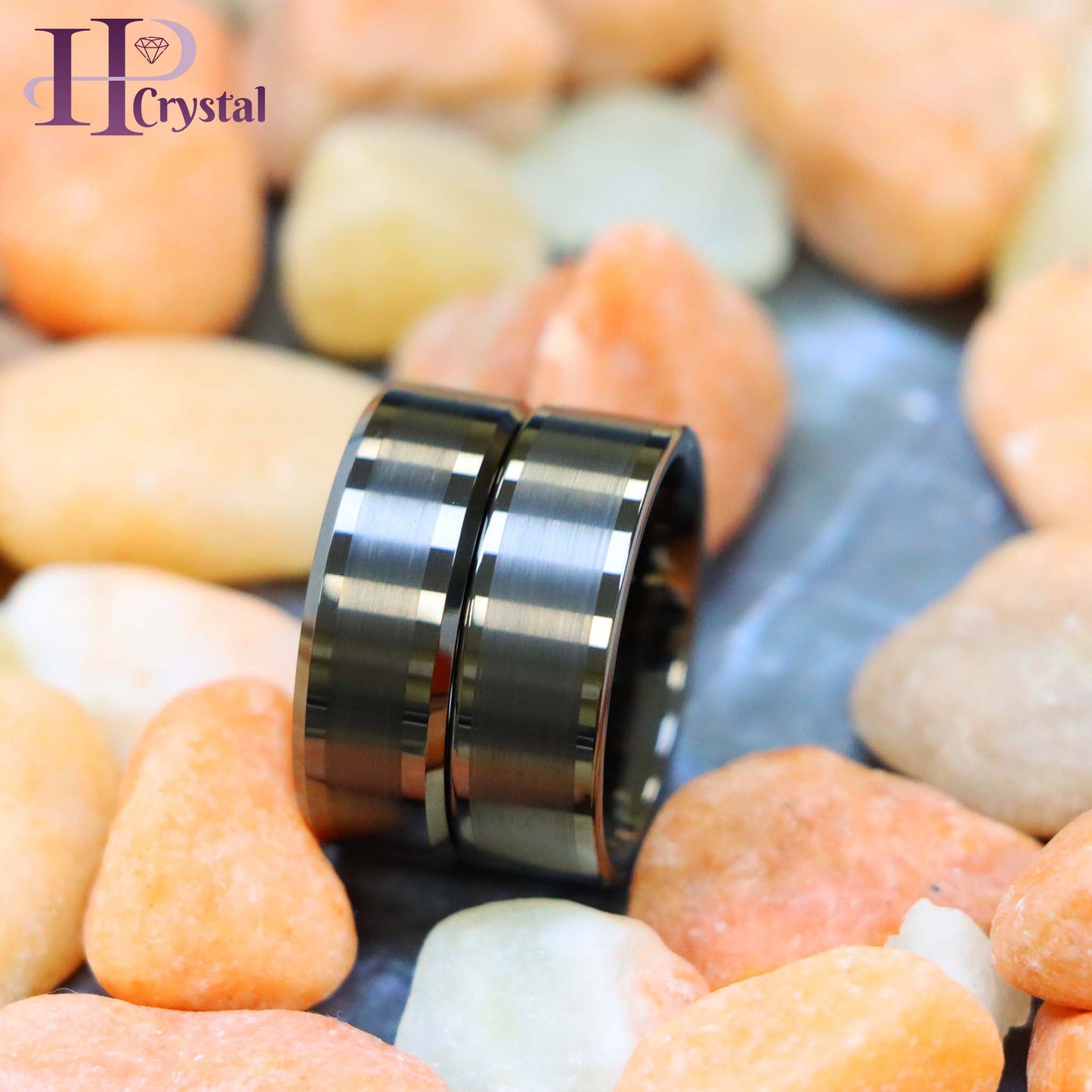 Gun Metal IP Plated Pipe Cut Brushed Center Shiny Lines Beveled Edge/Flat Edge Tungsten Ring
