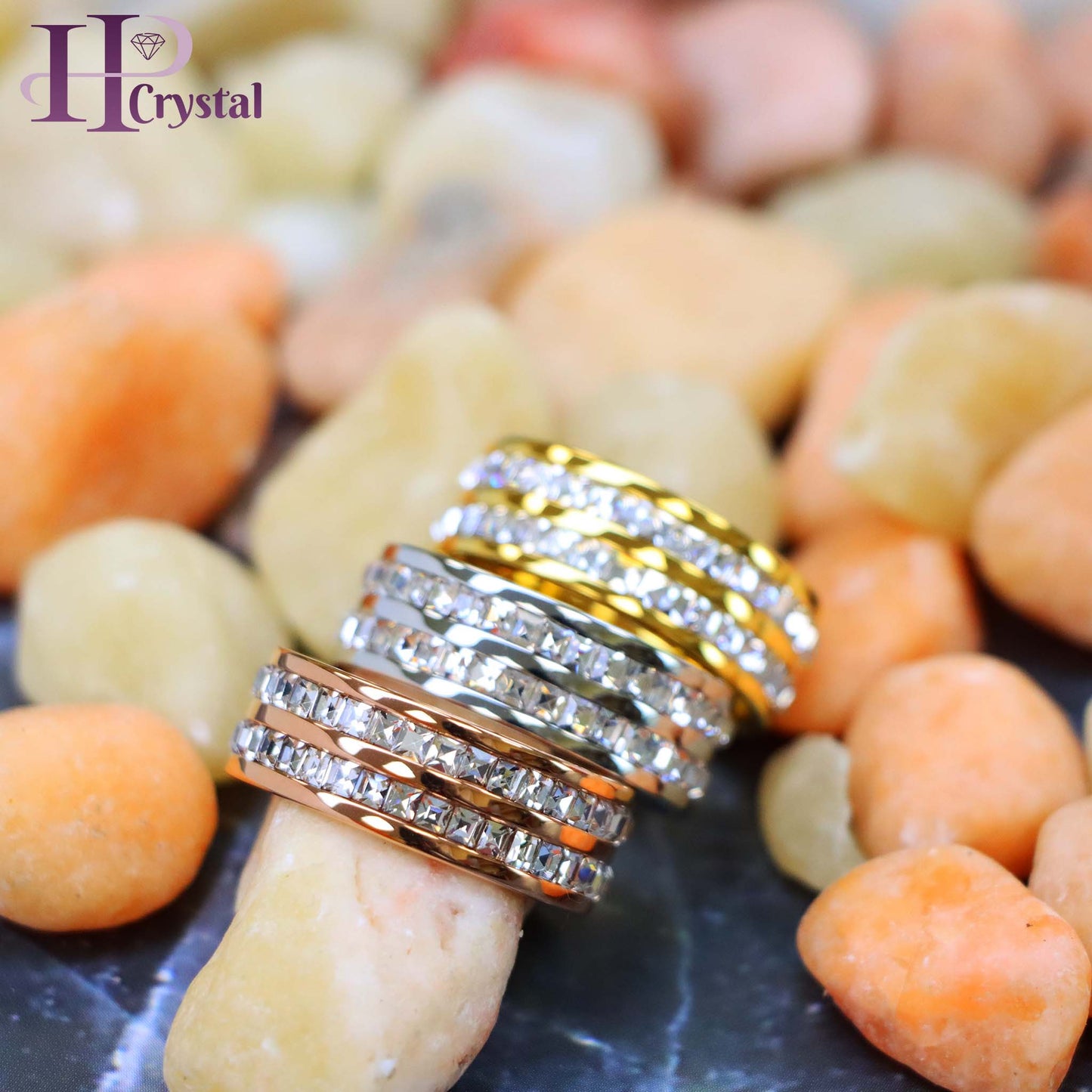 Rose Gold IP Plated//Yellow Gold IP/ Unplated Titanium Ring with Double Row Princess Cut Eternity CZ