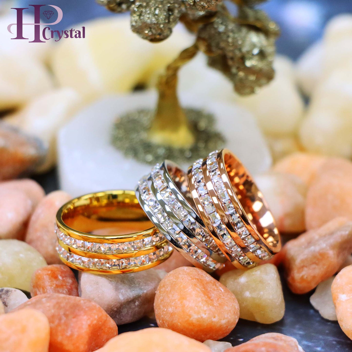 Rose Gold IP Plated//Yellow Gold IP/ Unplated Titanium Ring with Double Row Princess Cut Eternity CZ