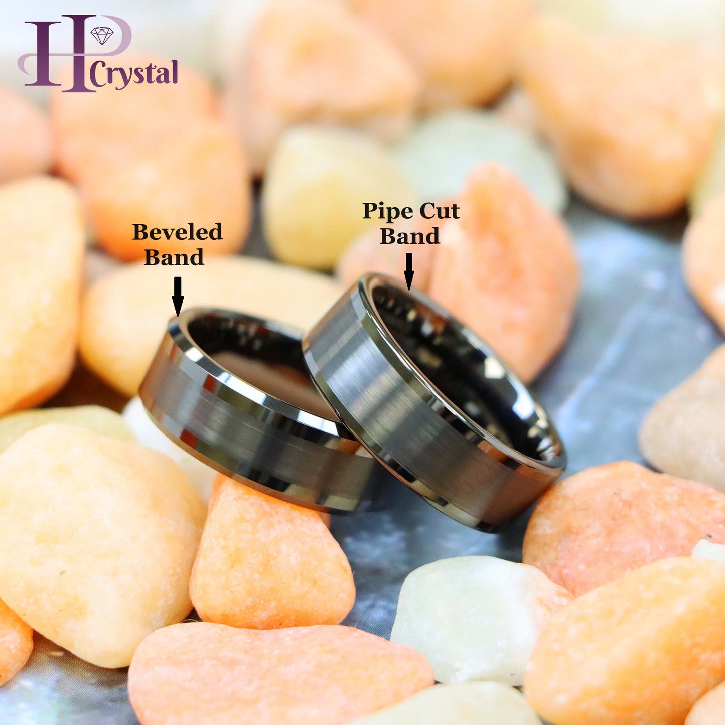 Gun Metal IP Plated Pipe Cut Brushed Center Shiny Lines Beveled Edge/Flat Edge Tungsten Ring