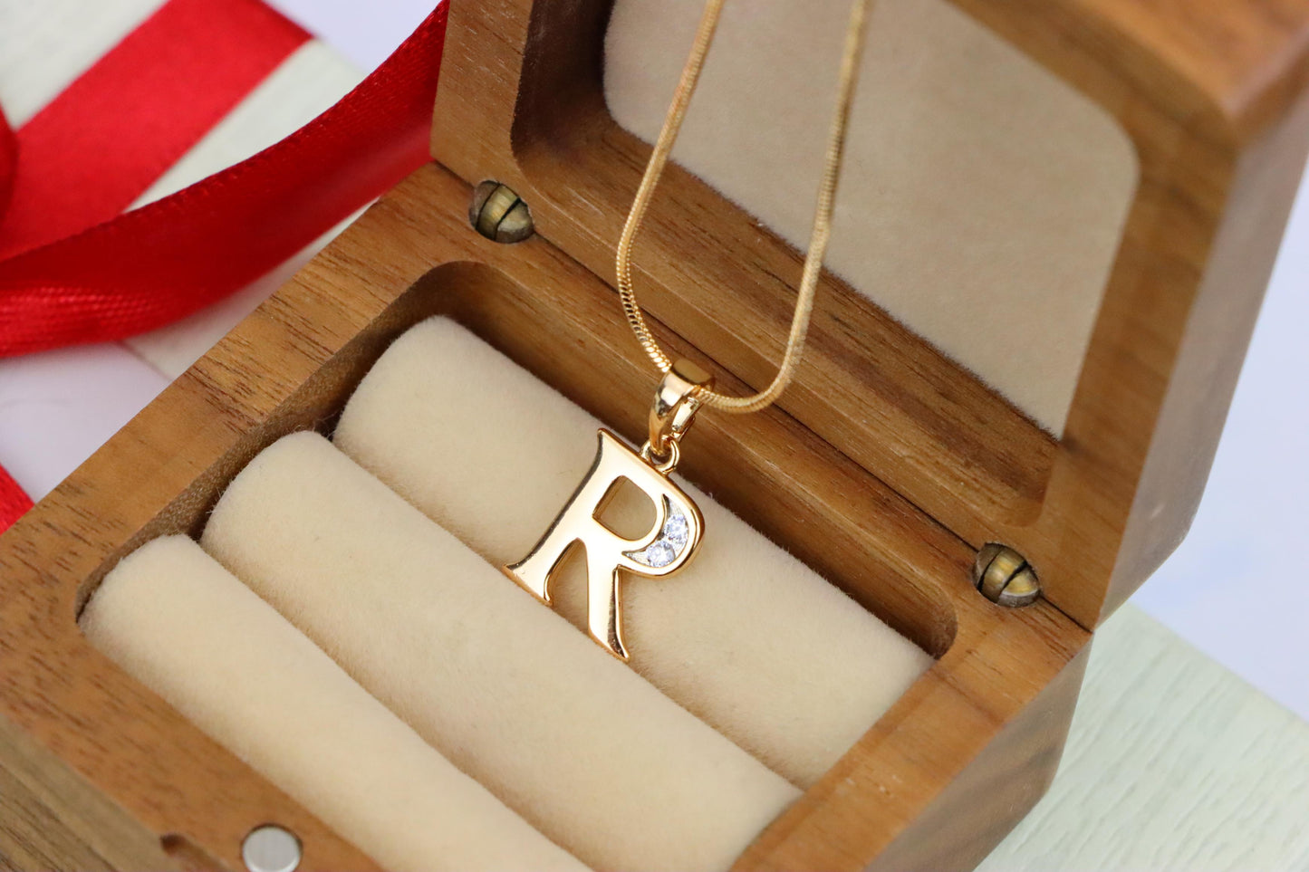 Rose Gold Letter R Pendant with Crystal Accent – 18K Gold Plated, XPPT1367 (2132-9)