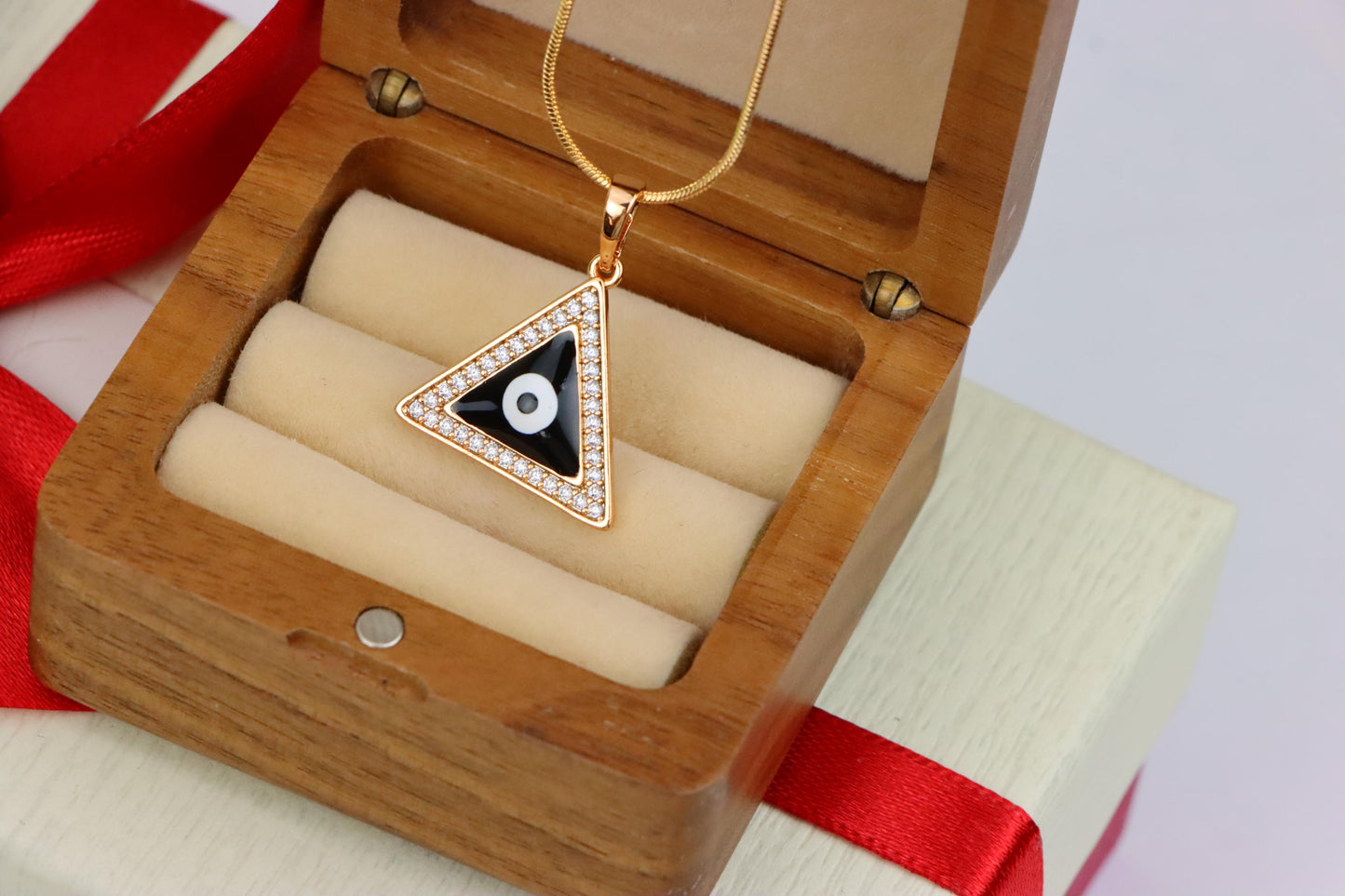Triangle Evil Eye Pendant in Rose Gold Finish with Crystal Border, XPPT1837 (2155-3)