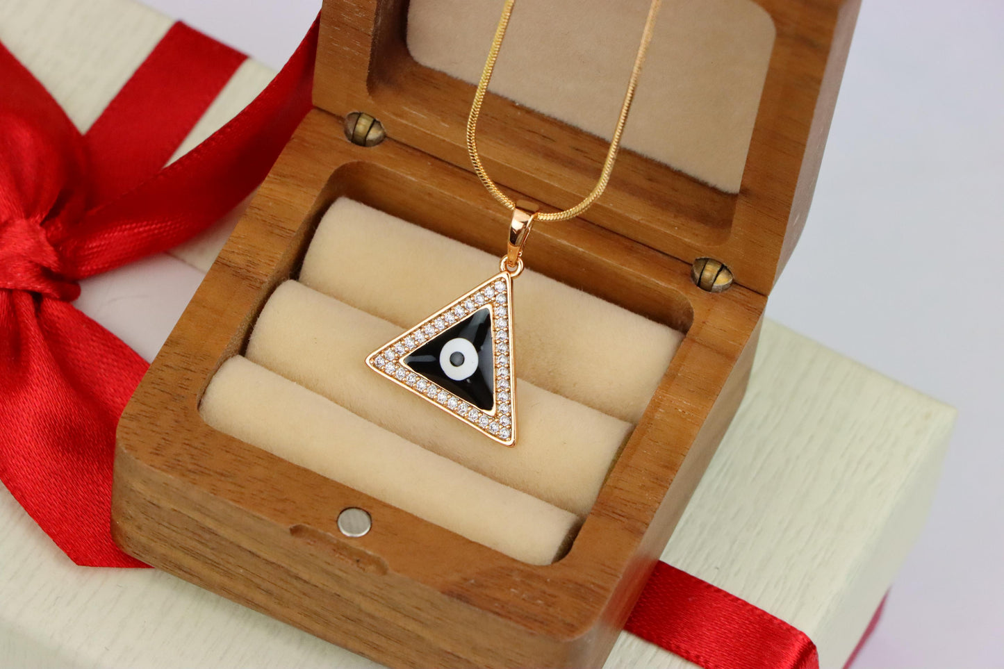 Triangle Evil Eye Pendant in Rose Gold Finish with Crystal Border, XPPT1837 (2155-3)