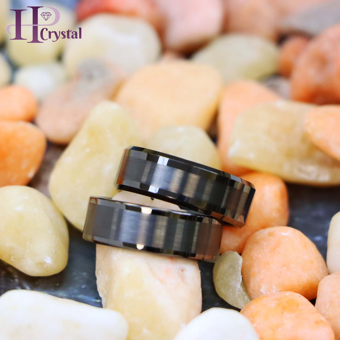 Gun Metal IP Plated Pipe Cut Brushed Center Shiny Lines Beveled Edge/Flat Edge Tungsten Ring