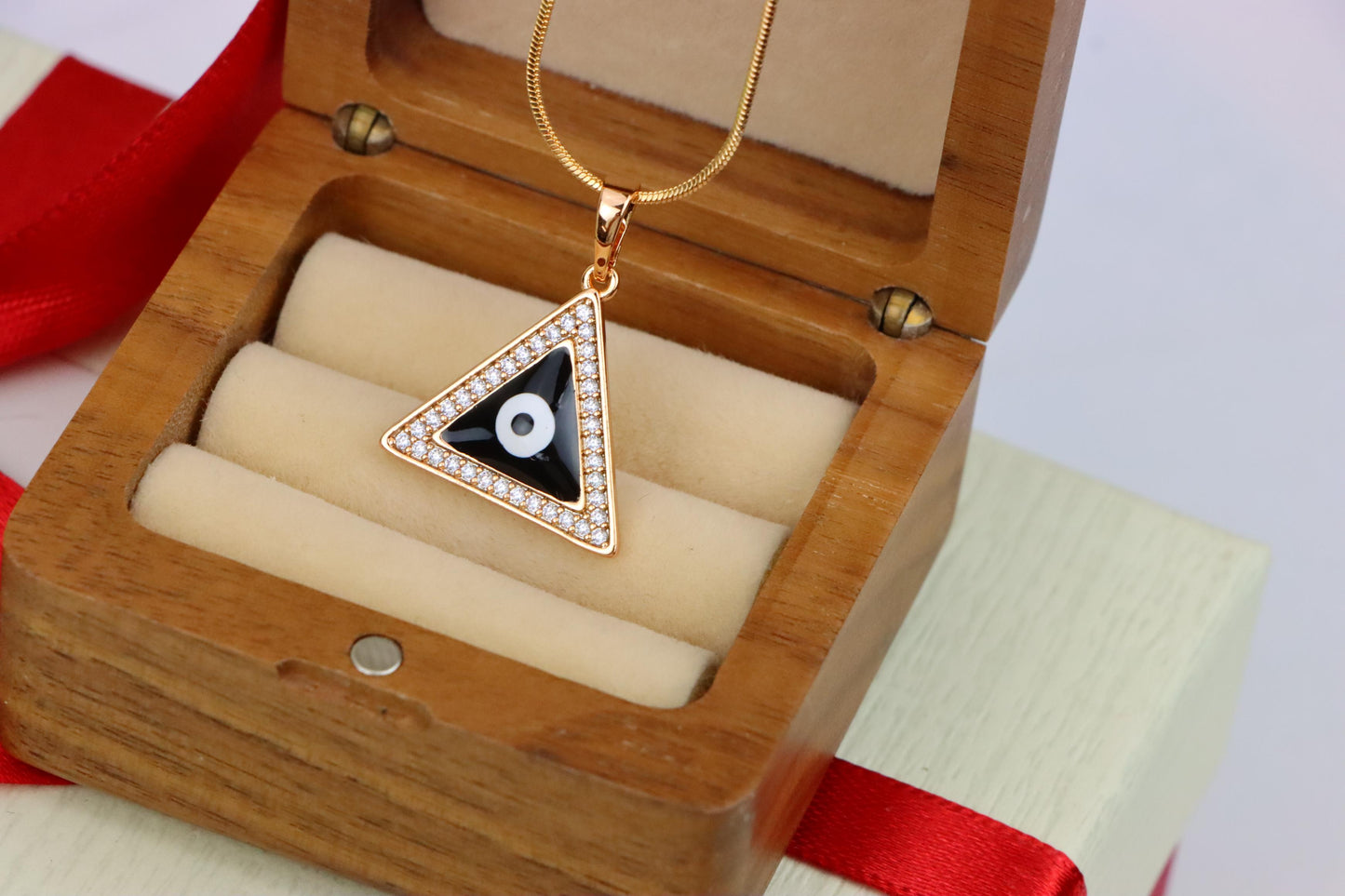 Triangle Evil Eye Pendant in Rose Gold Finish with Crystal Border, XPPT1837 (2155-3)