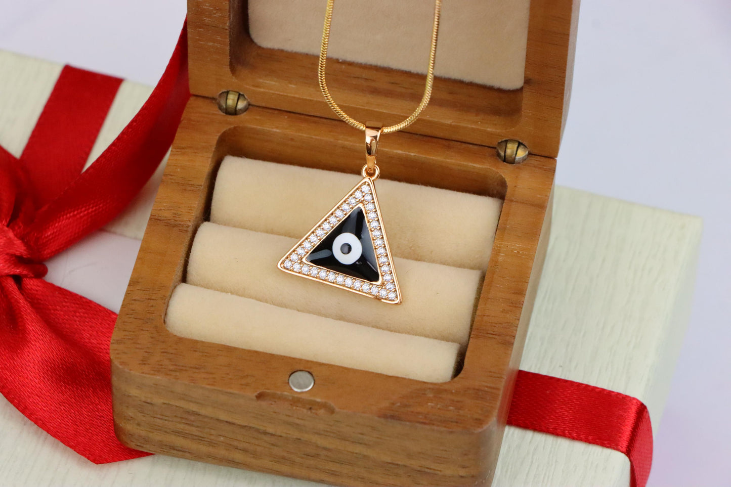 Triangle Evil Eye Pendant in Rose Gold Finish with Crystal Border, XPPT1837 (2155-3)
