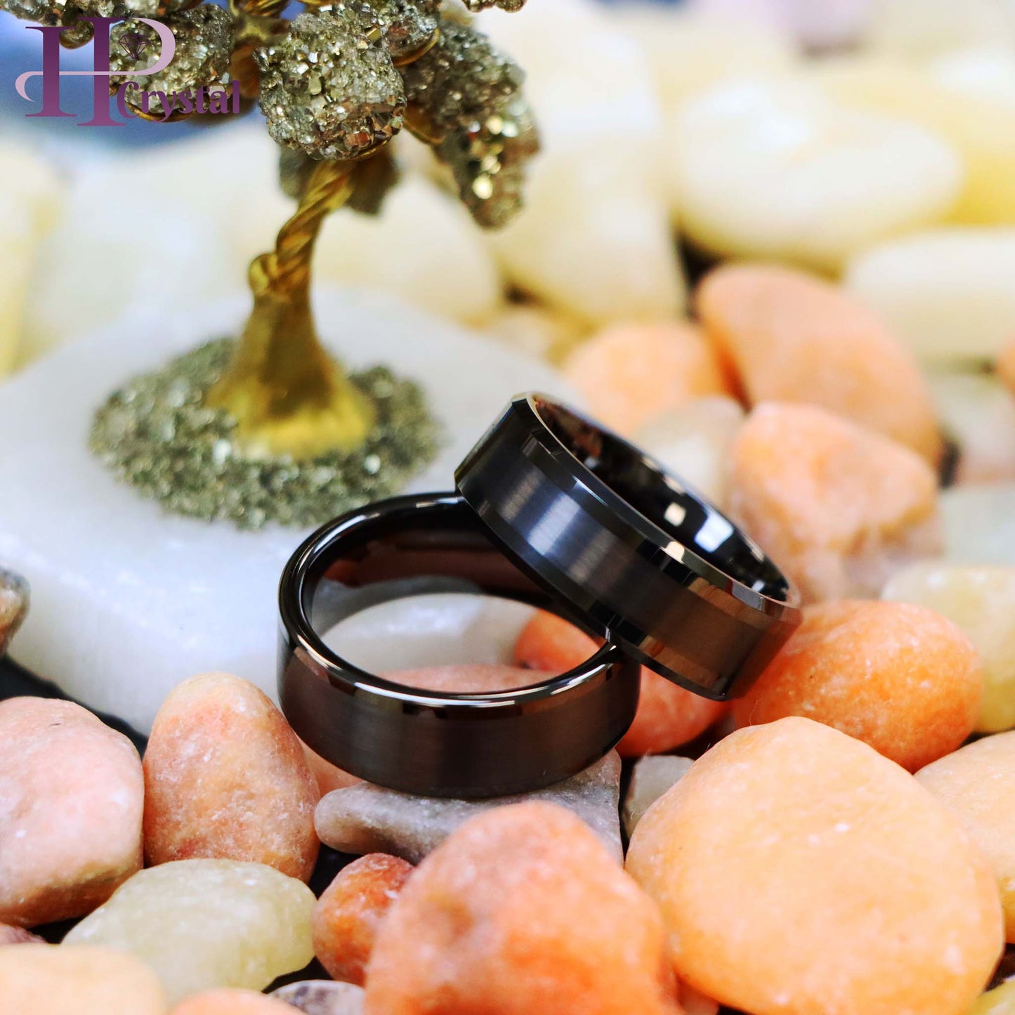 Gun Metal IP Plated Pipe Cut Brushed Center Shiny Lines Beveled Edge/Flat Edge Tungsten Ring