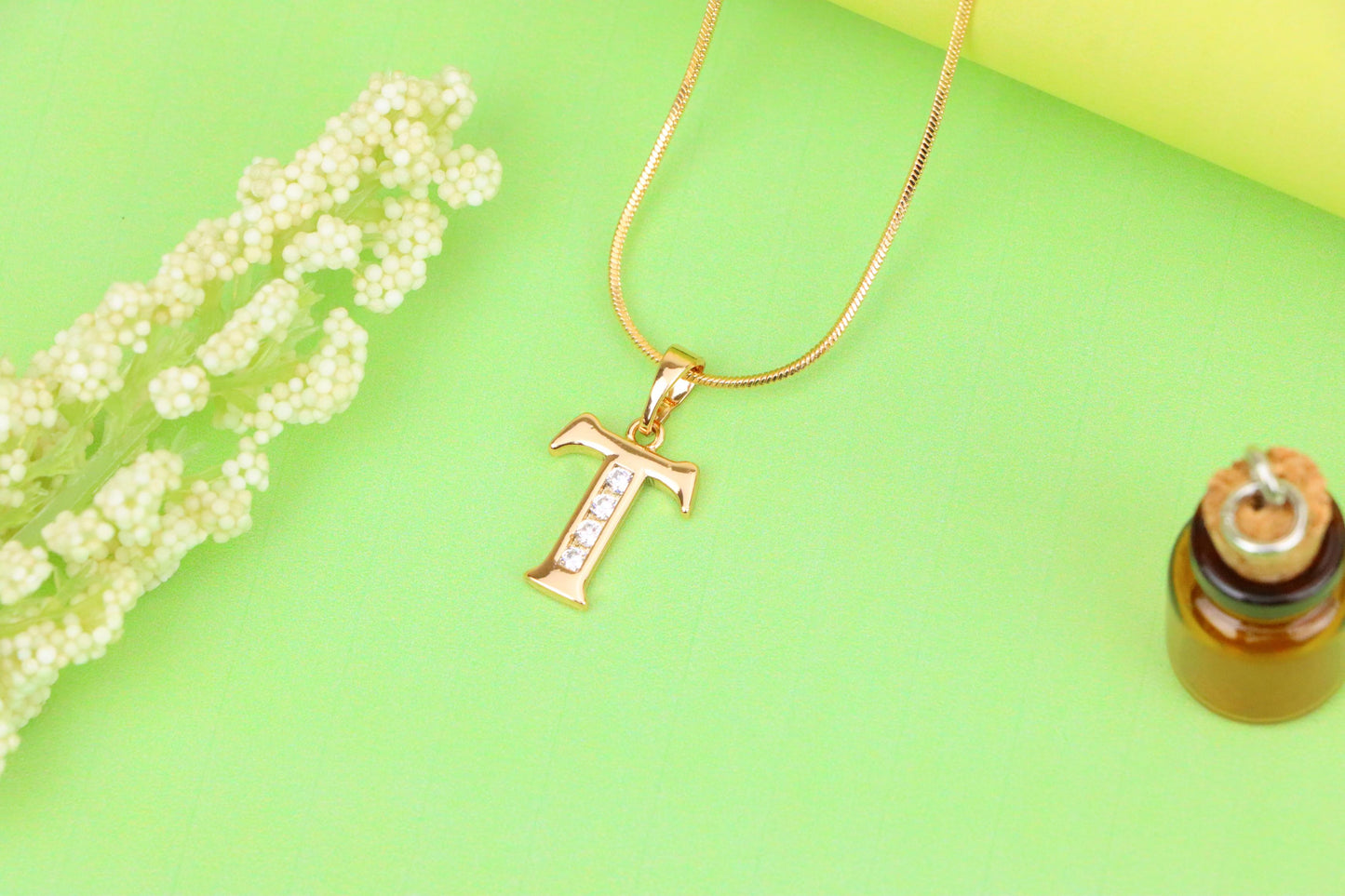 Rose Gold Initial T Pendant with Crystals – Elegant Brass Jewelry, XPPT1369 (2132-9)