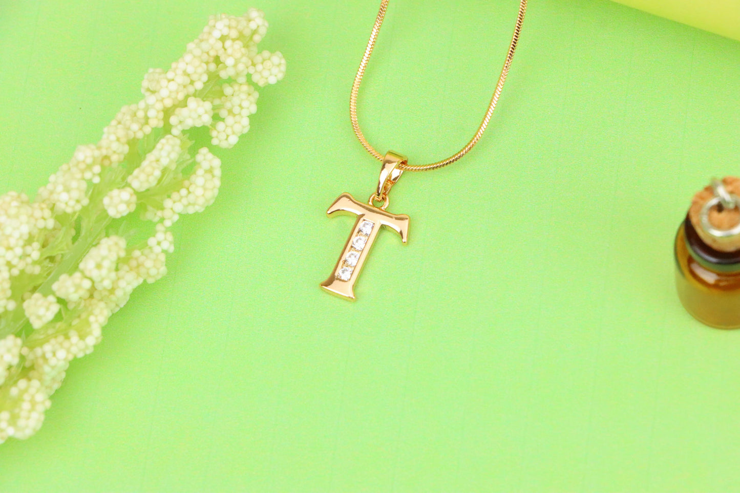 Rose Gold Initial T Pendant with Crystals – Elegant Brass Jewelry, XPPT1369 (2132-9)