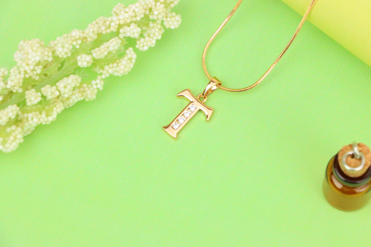 Rose Gold Initial T Pendant with Crystals – Elegant Brass Jewelry, XPPT1369 (2132-9)