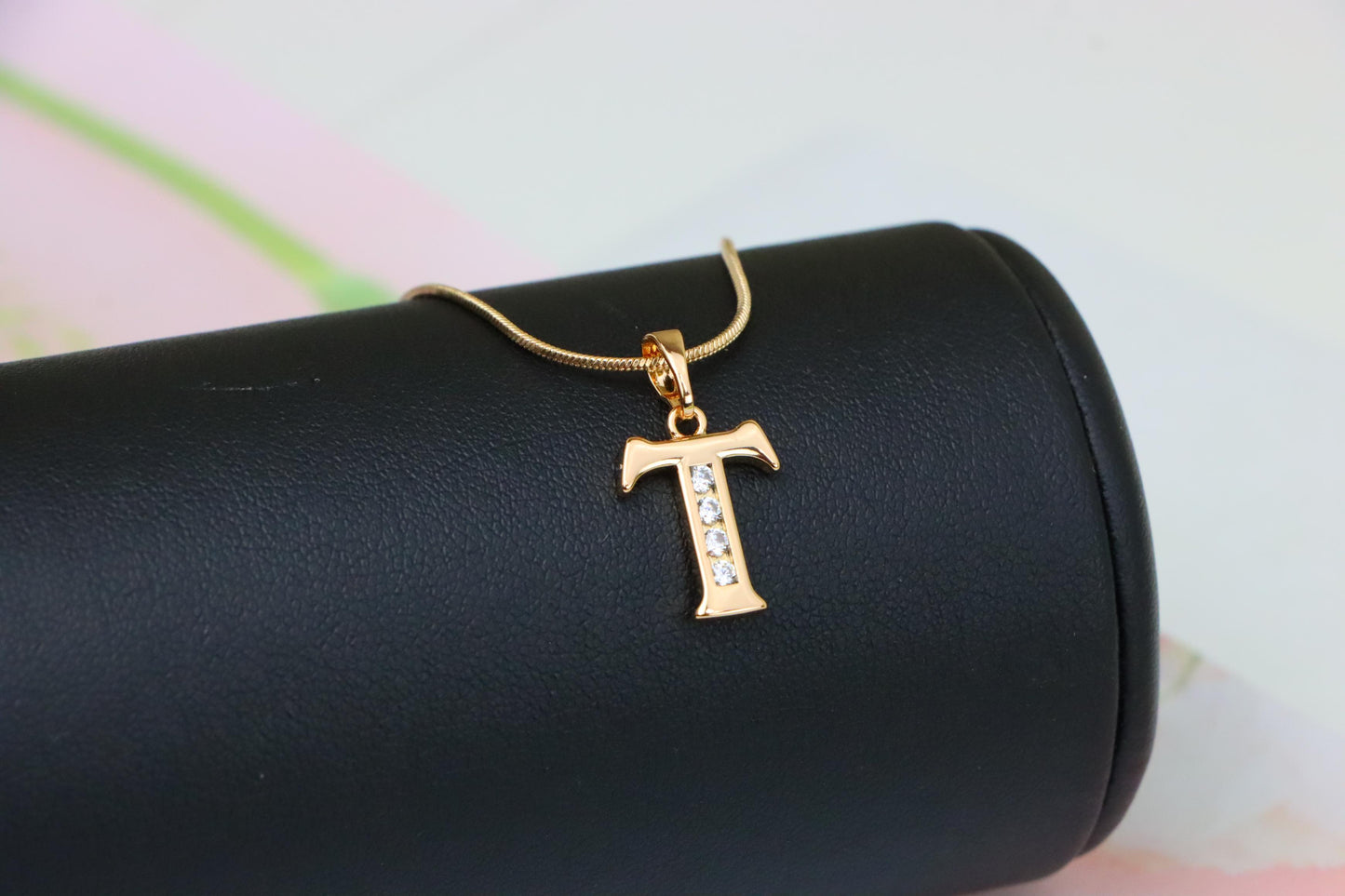 Rose Gold Initial T Pendant with Crystals – Elegant Brass Jewelry, XPPT1369 (2132-9)