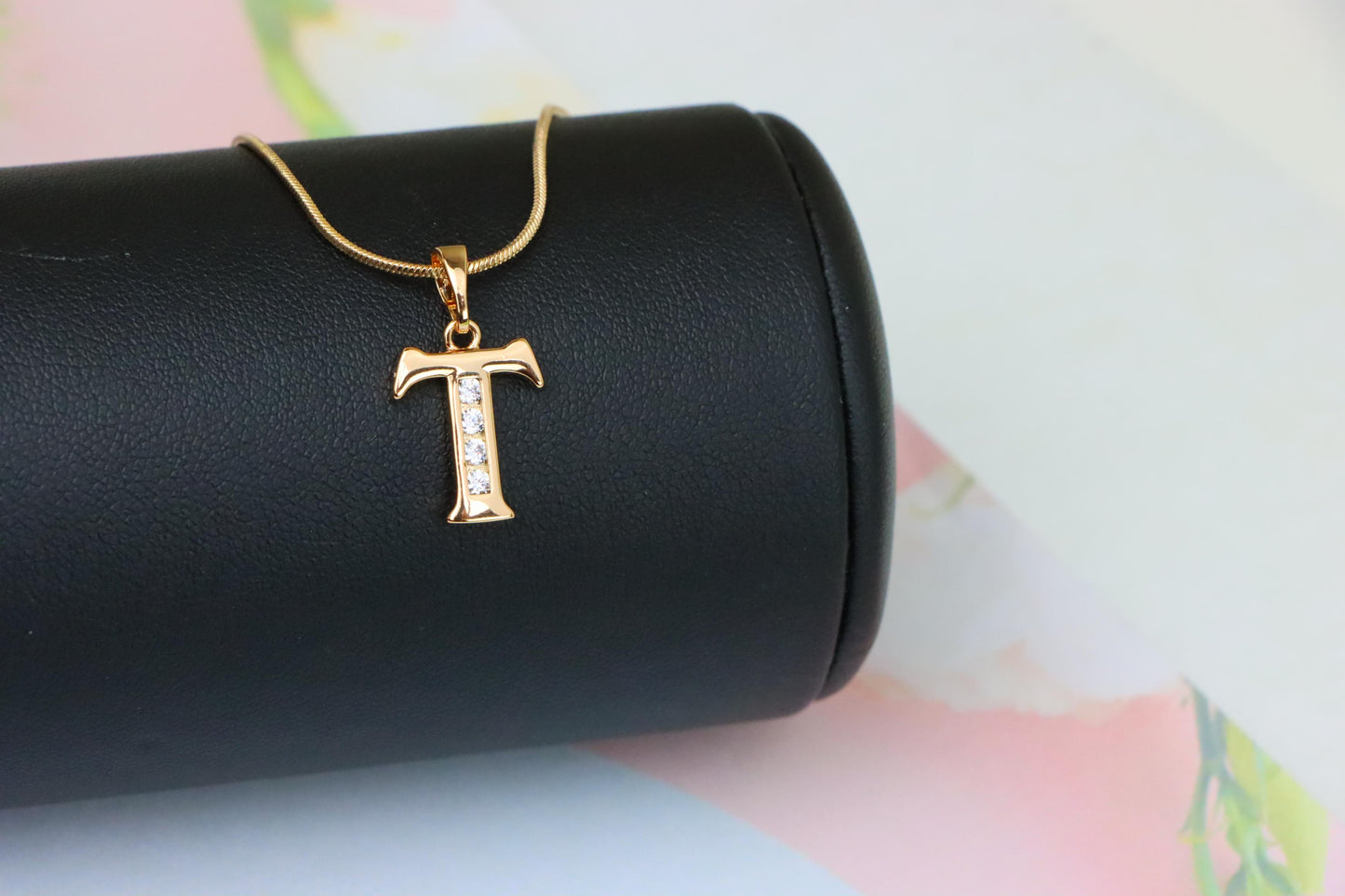 Rose Gold Initial T Pendant with Crystals – Elegant Brass Jewelry, XPPT1369 (2132-9)