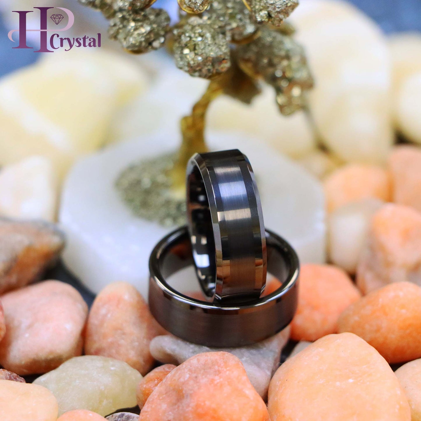 Gun Metal IP Plated Pipe Cut Brushed Center Shiny Lines Beveled Edge/Flat Edge Tungsten Ring