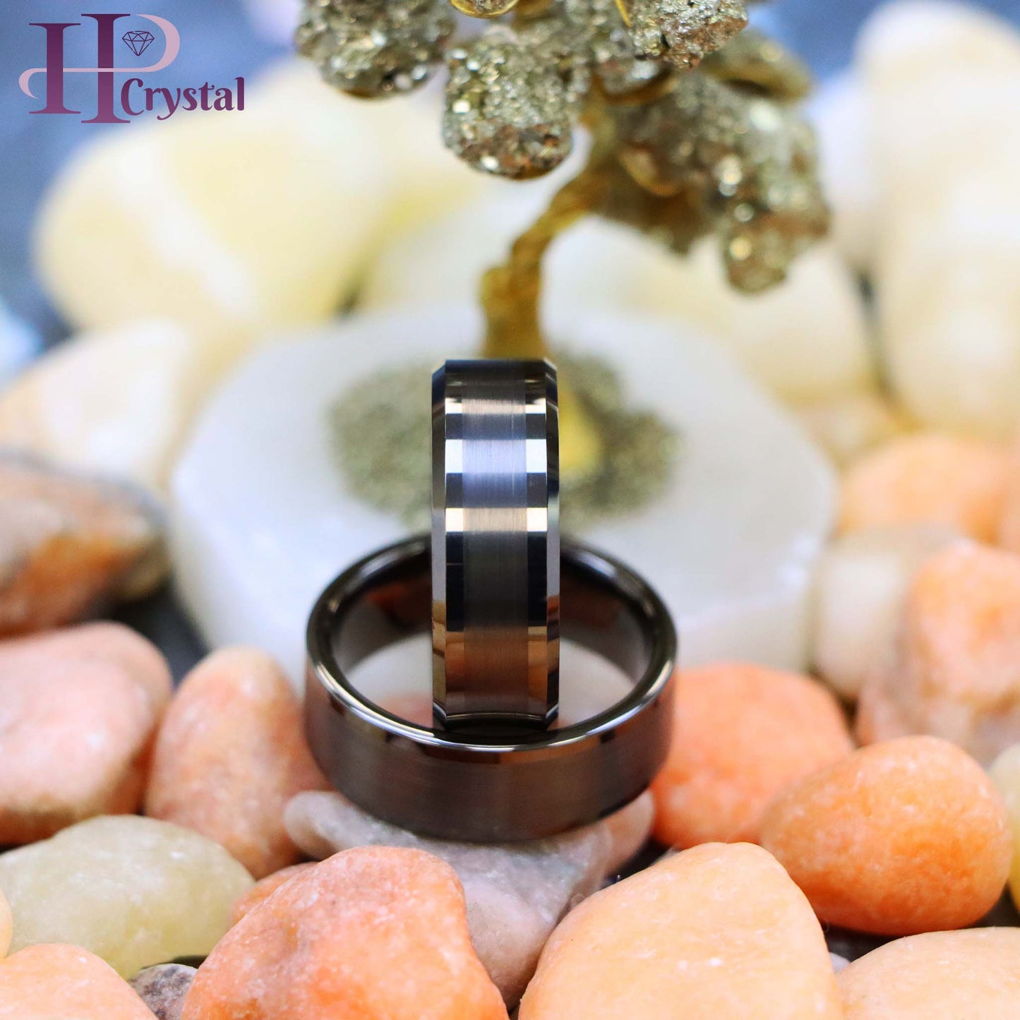 Gun Metal IP Plated Pipe Cut Brushed Center Shiny Lines Beveled Edge/Flat Edge Tungsten Ring