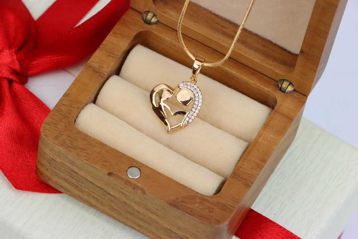 Heart Shaped Mother & Child Pendant in Rose Gold with CZ Accents, XPPT1840 (2155-6)