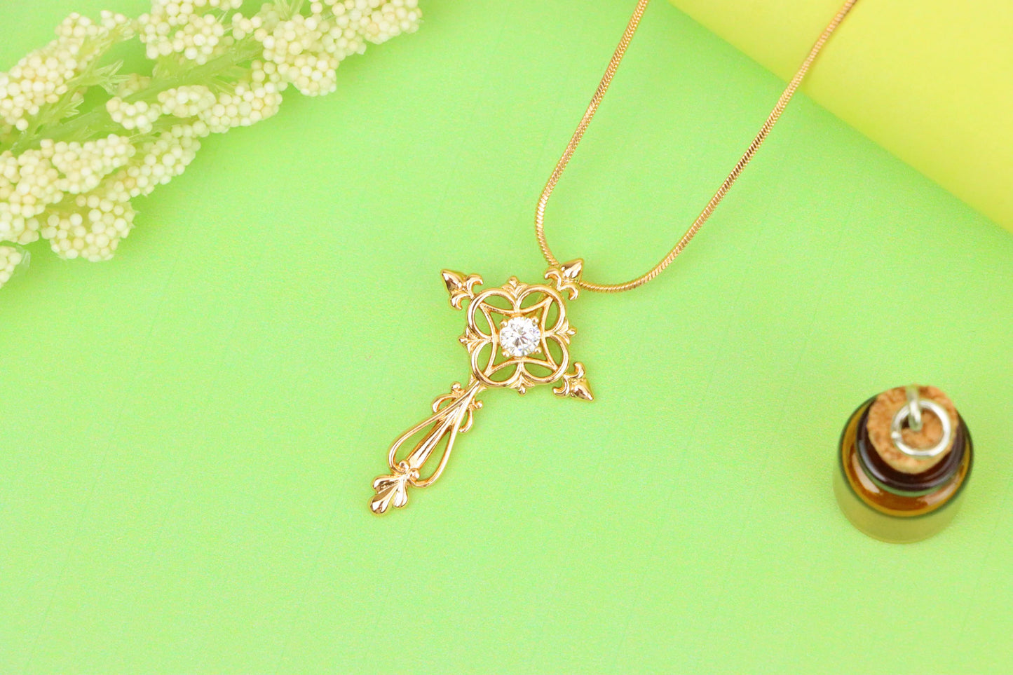 Ornate Rose Gold Cross Pendant with Intricate Detailing and CZ Center, XPPT1841 (2155-7)