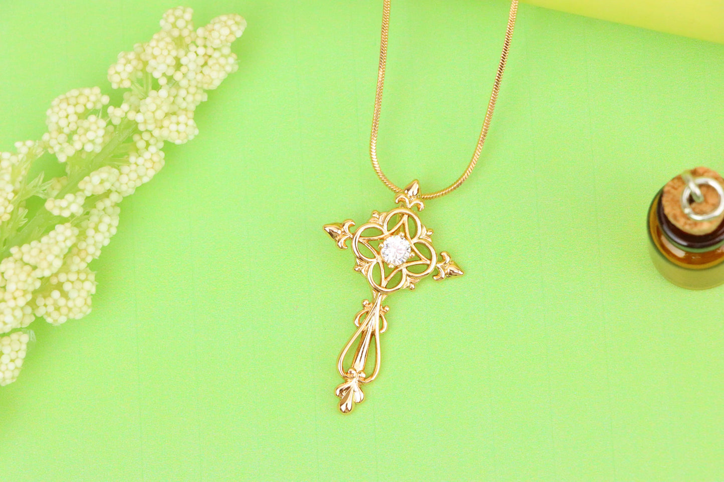 Ornate Rose Gold Cross Pendant with Intricate Detailing and CZ Center, XPPT1841 (2155-7)