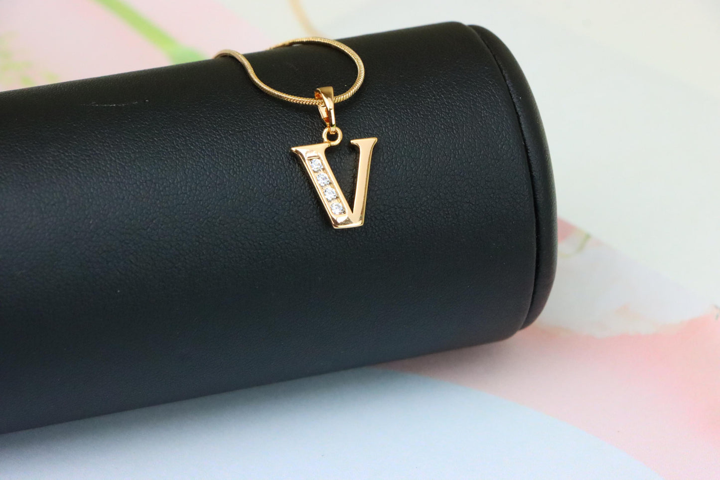 Rose Gold Letter V Pendant with Sparkling Crystals – Chic Jewelry, XPPT1371 (2132-9)