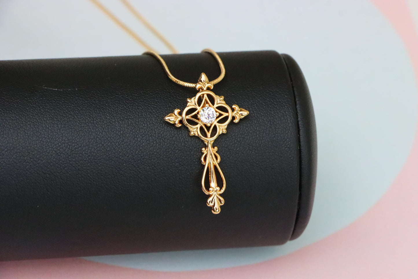 Ornate Rose Gold Cross Pendant with Intricate Detailing and CZ Center, XPPT1841 (2155-7)