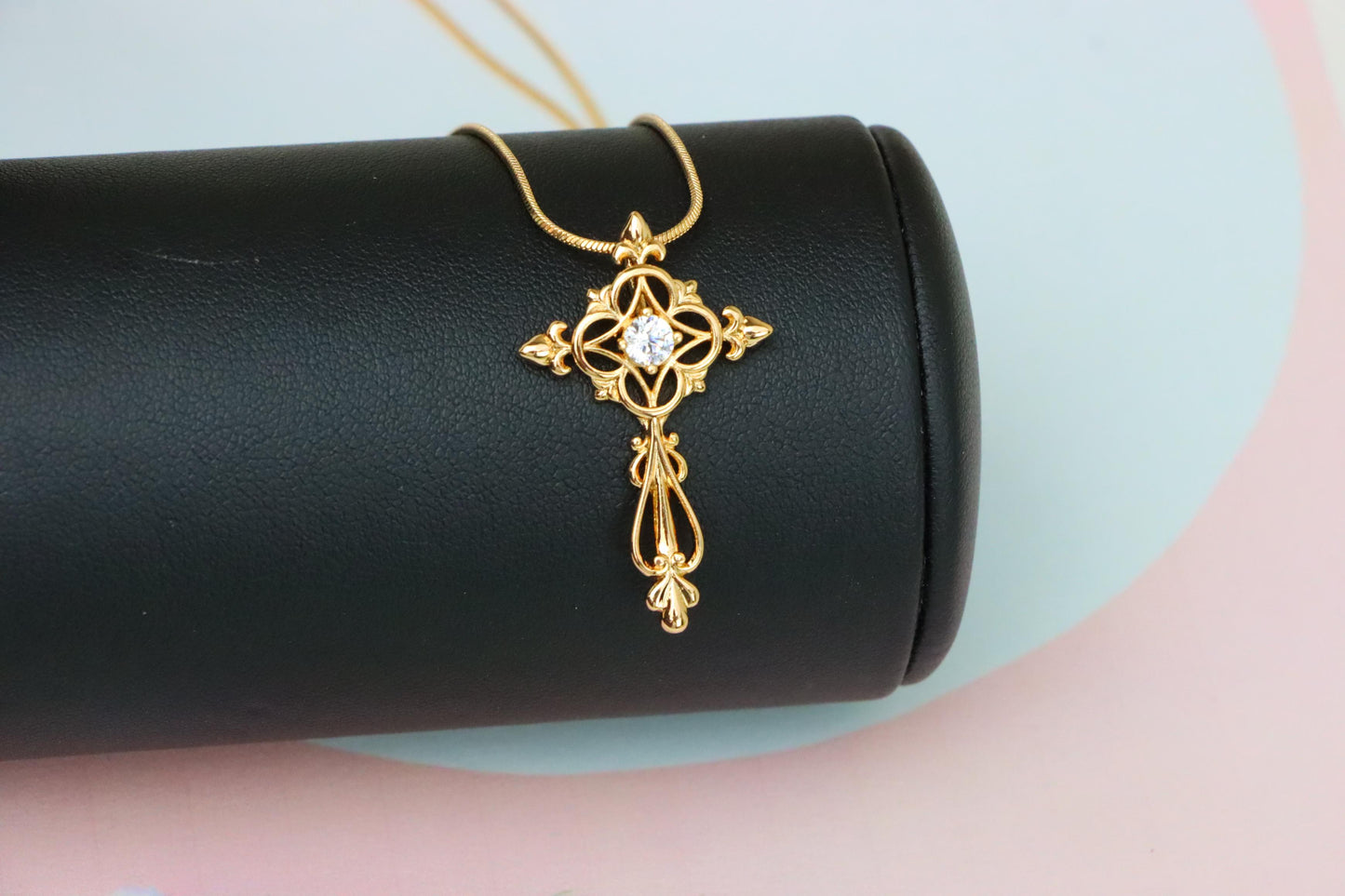 Ornate Rose Gold Cross Pendant with Intricate Detailing and CZ Center, XPPT1841 (2155-7)