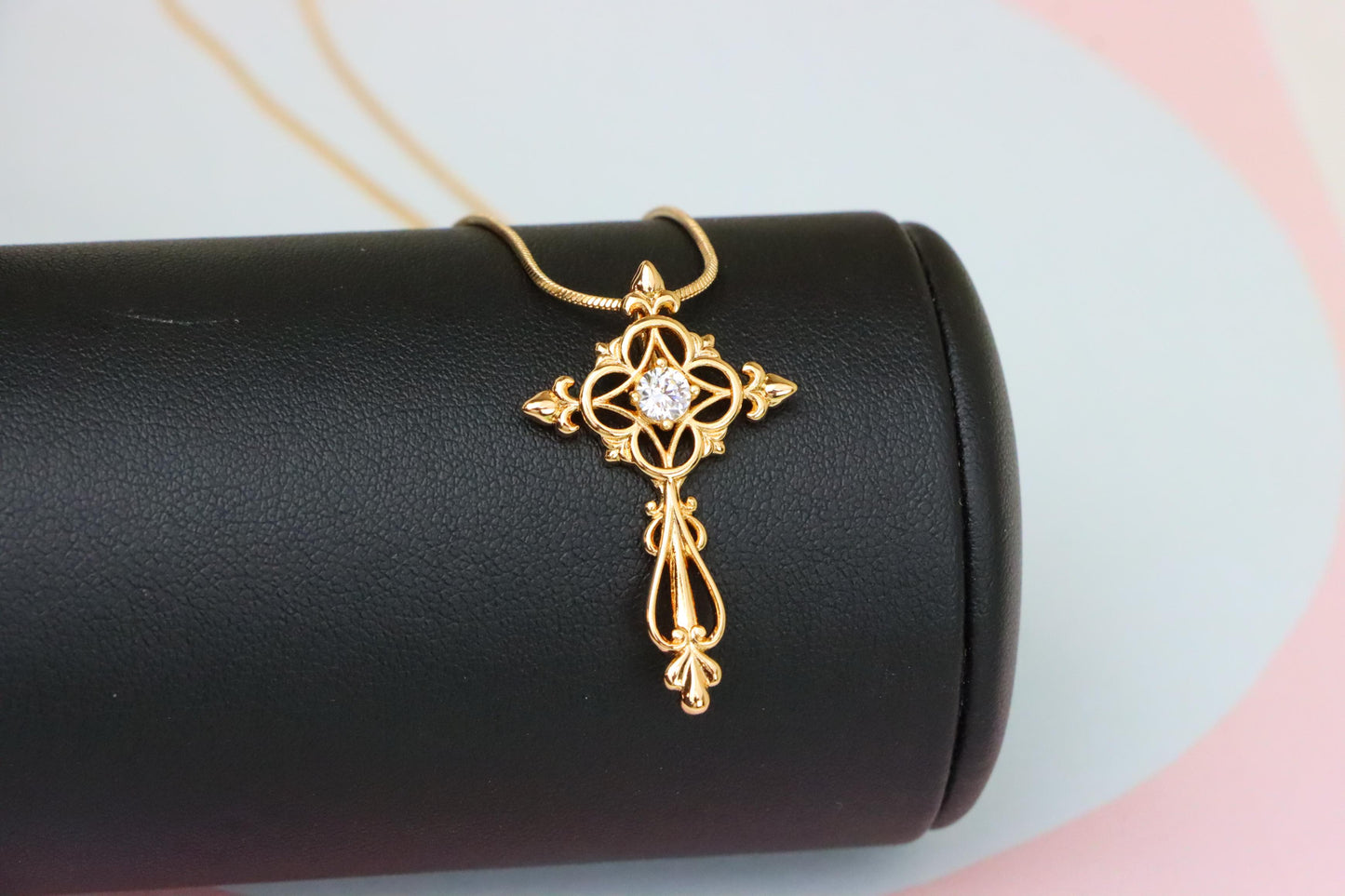Ornate Rose Gold Cross Pendant with Intricate Detailing and CZ Center, XPPT1841 (2155-7)
