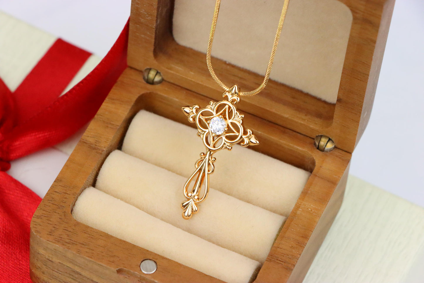 Ornate Rose Gold Cross Pendant with Intricate Detailing and CZ Center, XPPT1841 (2155-7)
