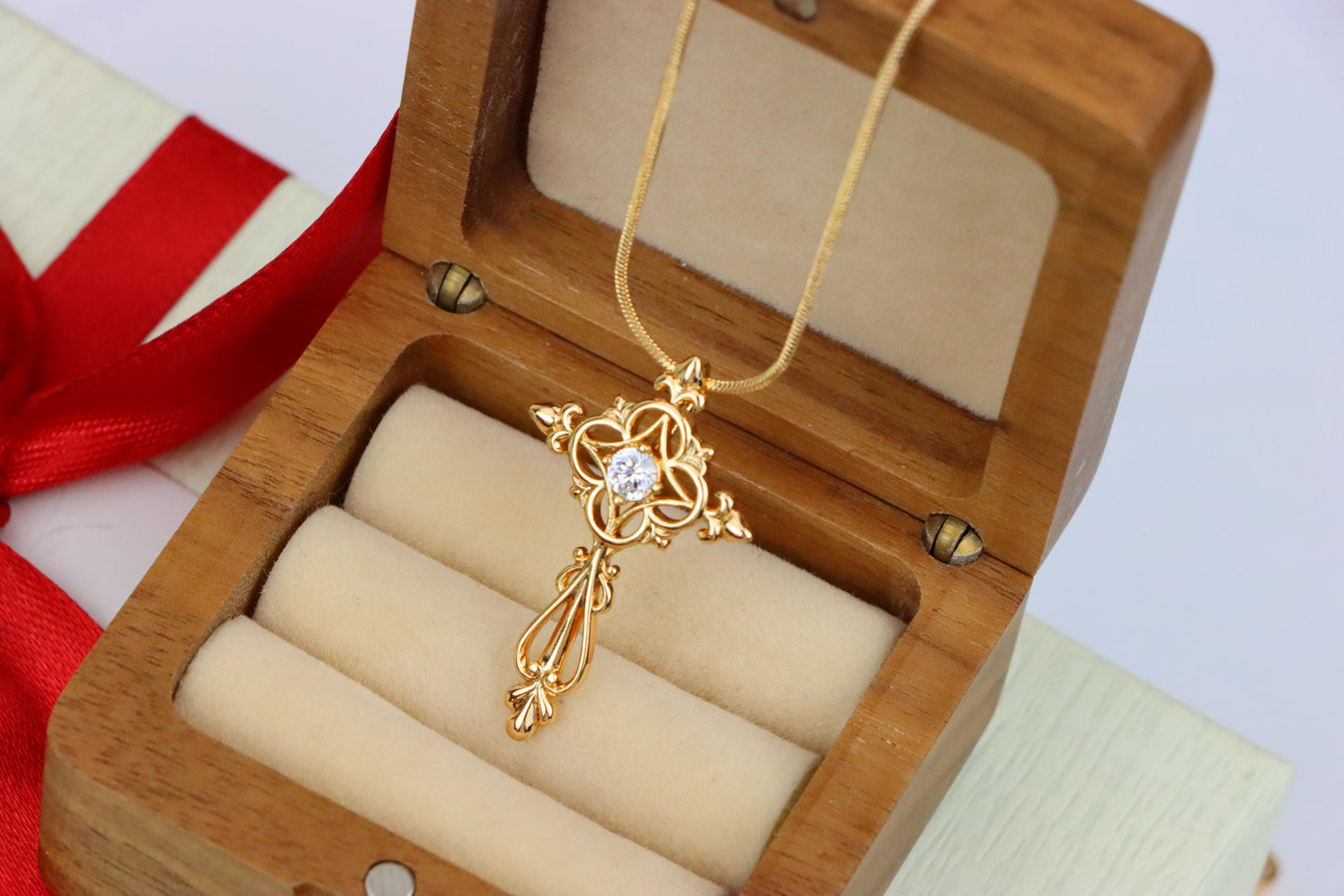 Ornate Rose Gold Cross Pendant with Intricate Detailing and CZ Center, XPPT1841 (2155-7)