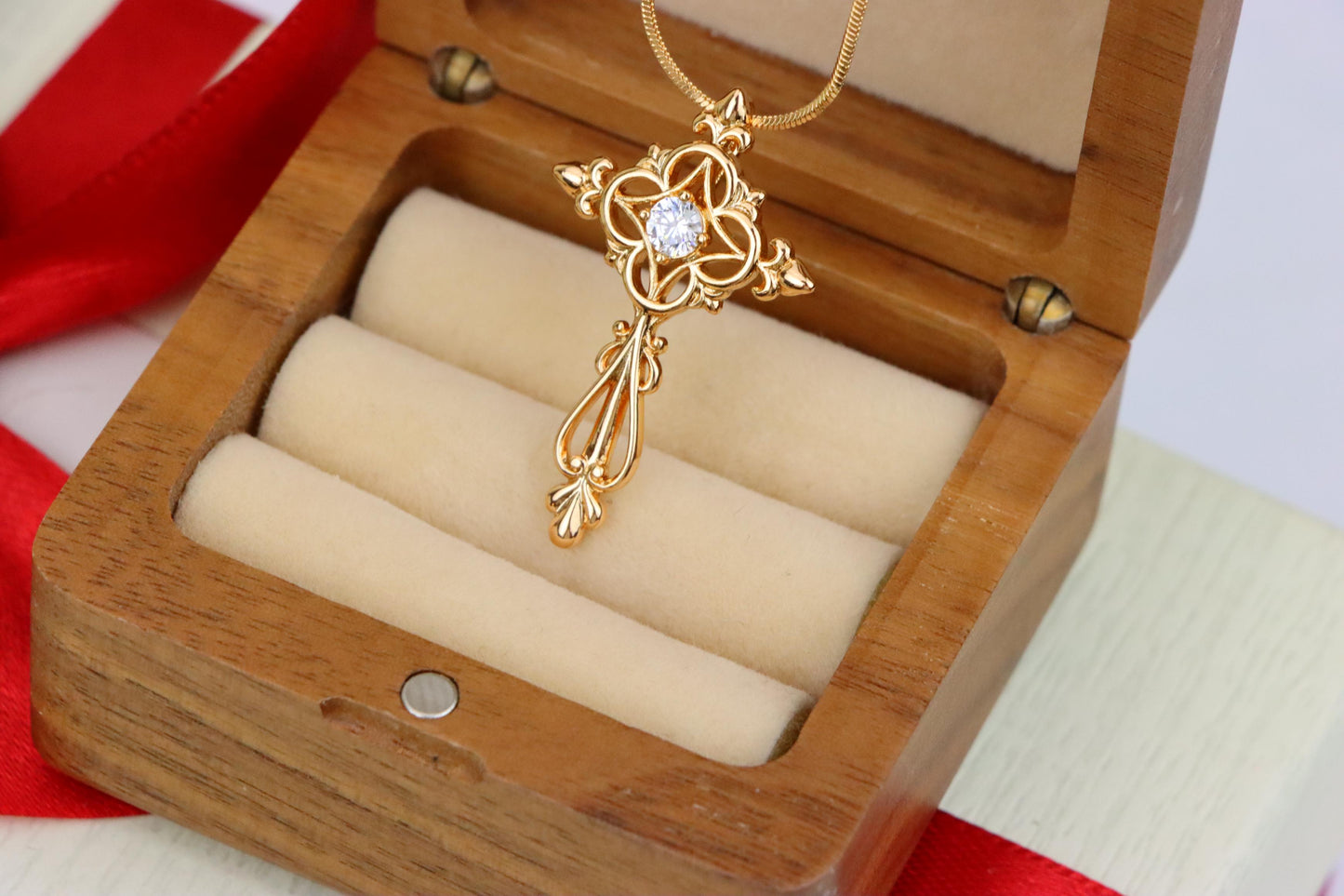 Ornate Rose Gold Cross Pendant with Intricate Detailing and CZ Center, XPPT1841 (2155-7)