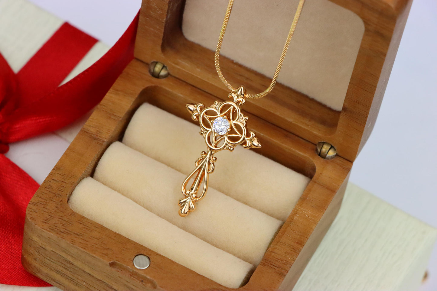 Ornate Rose Gold Cross Pendant with Intricate Detailing and CZ Center, XPPT1841 (2155-7)