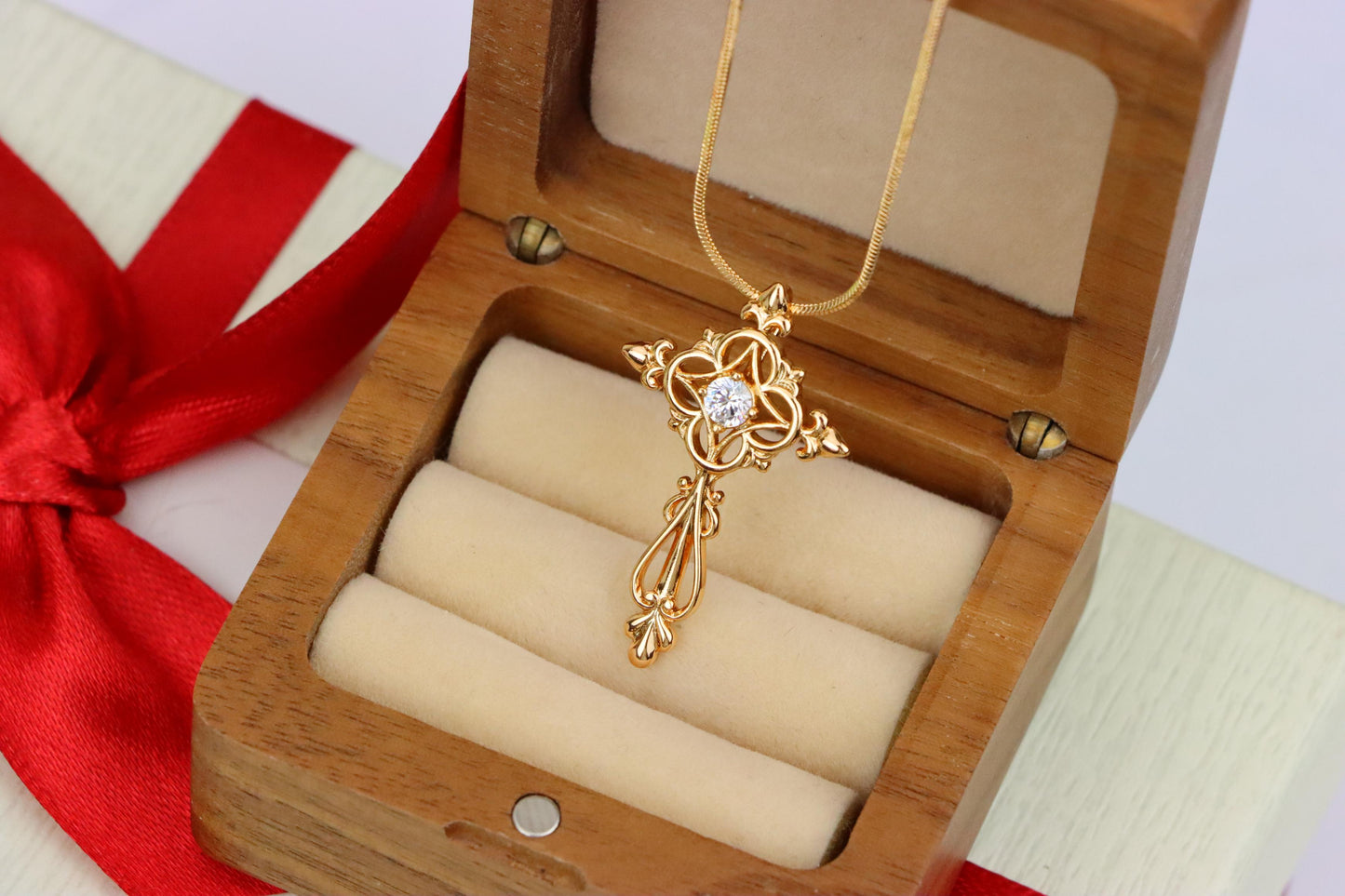 Ornate Rose Gold Cross Pendant with Intricate Detailing and CZ Center, XPPT1841 (2155-7)