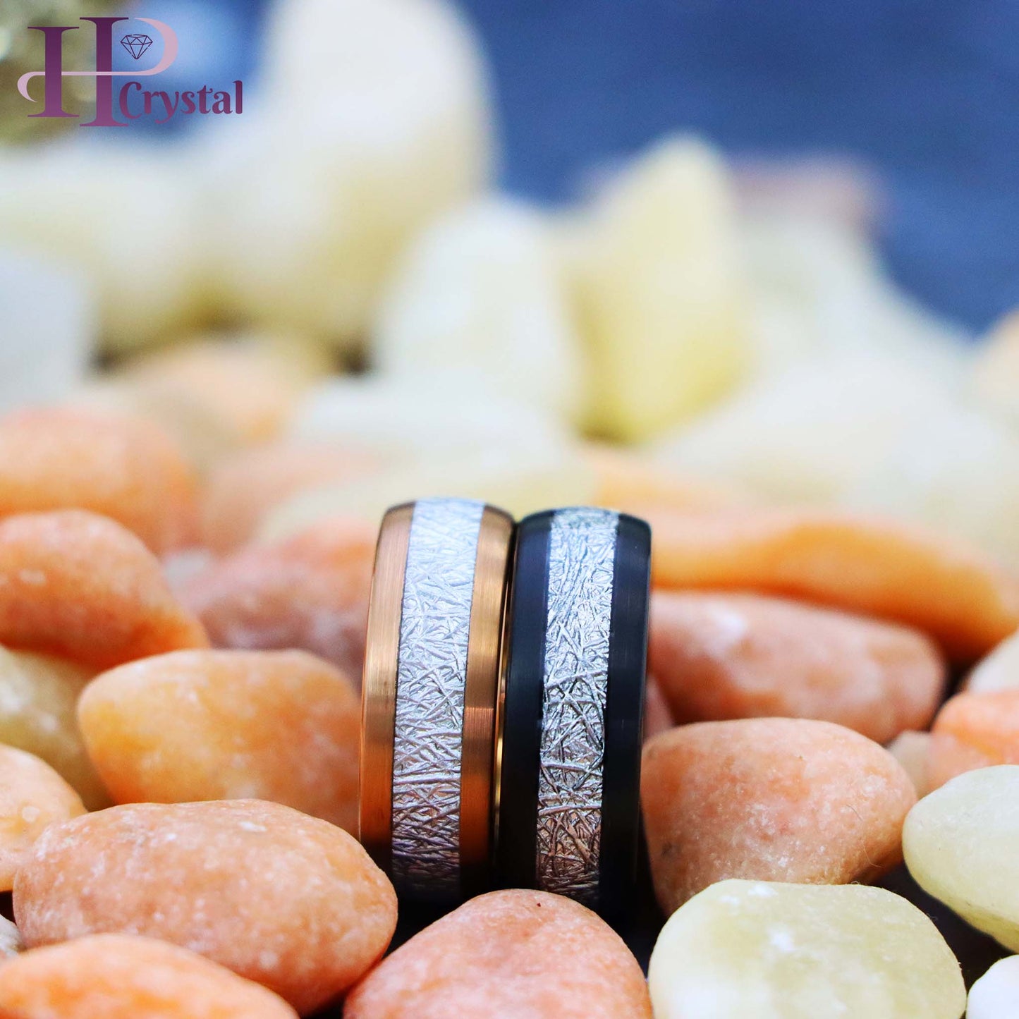 Semi-Domed Black IP/Rose Gold IP Plated Tungsten Ring with Imitation Meteorite Inlay