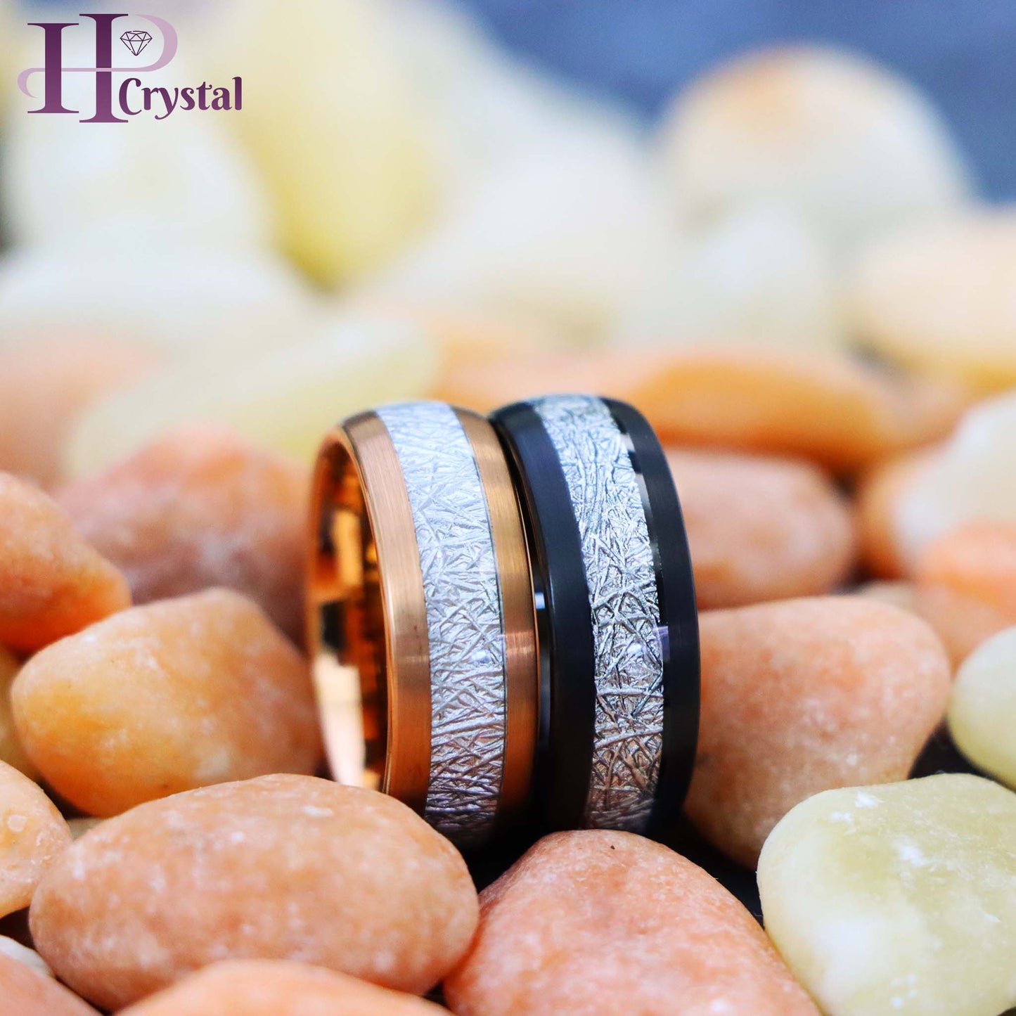 Semi-Domed Black IP/Rose Gold IP Plated Tungsten Ring with Imitation Meteorite Inlay
