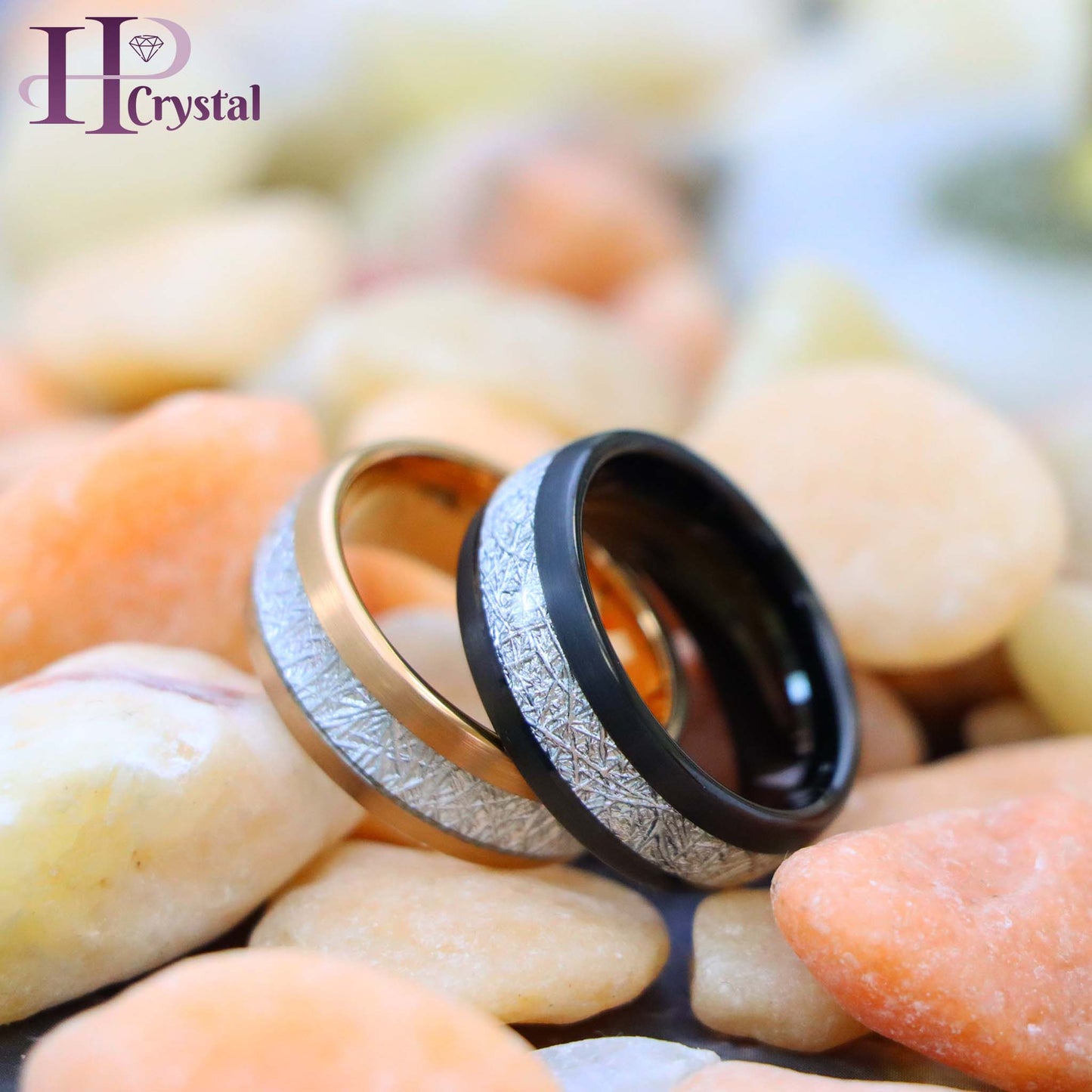 Semi-Domed Black IP/Rose Gold IP Plated Tungsten Ring with Imitation Meteorite Inlay