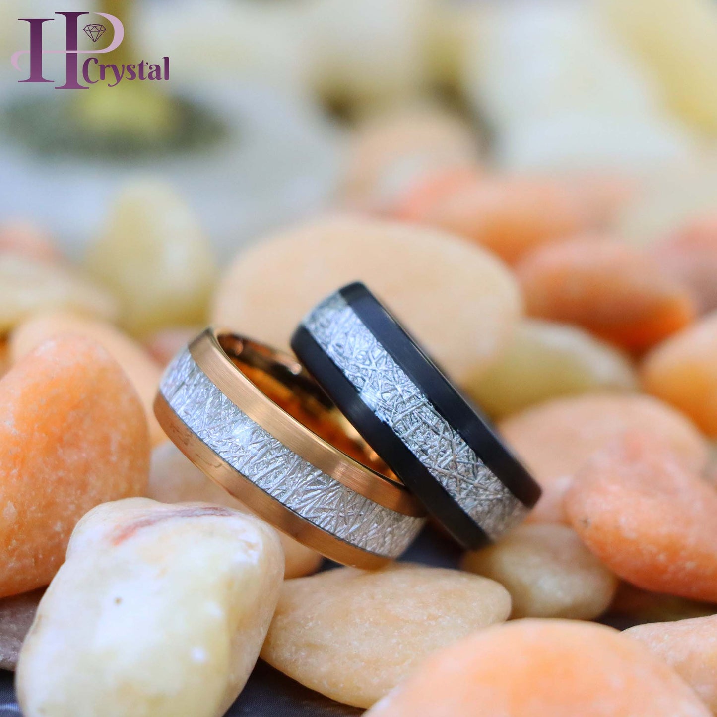 Semi-Domed Black IP/Rose Gold IP Plated Tungsten Ring with Imitation Meteorite Inlay