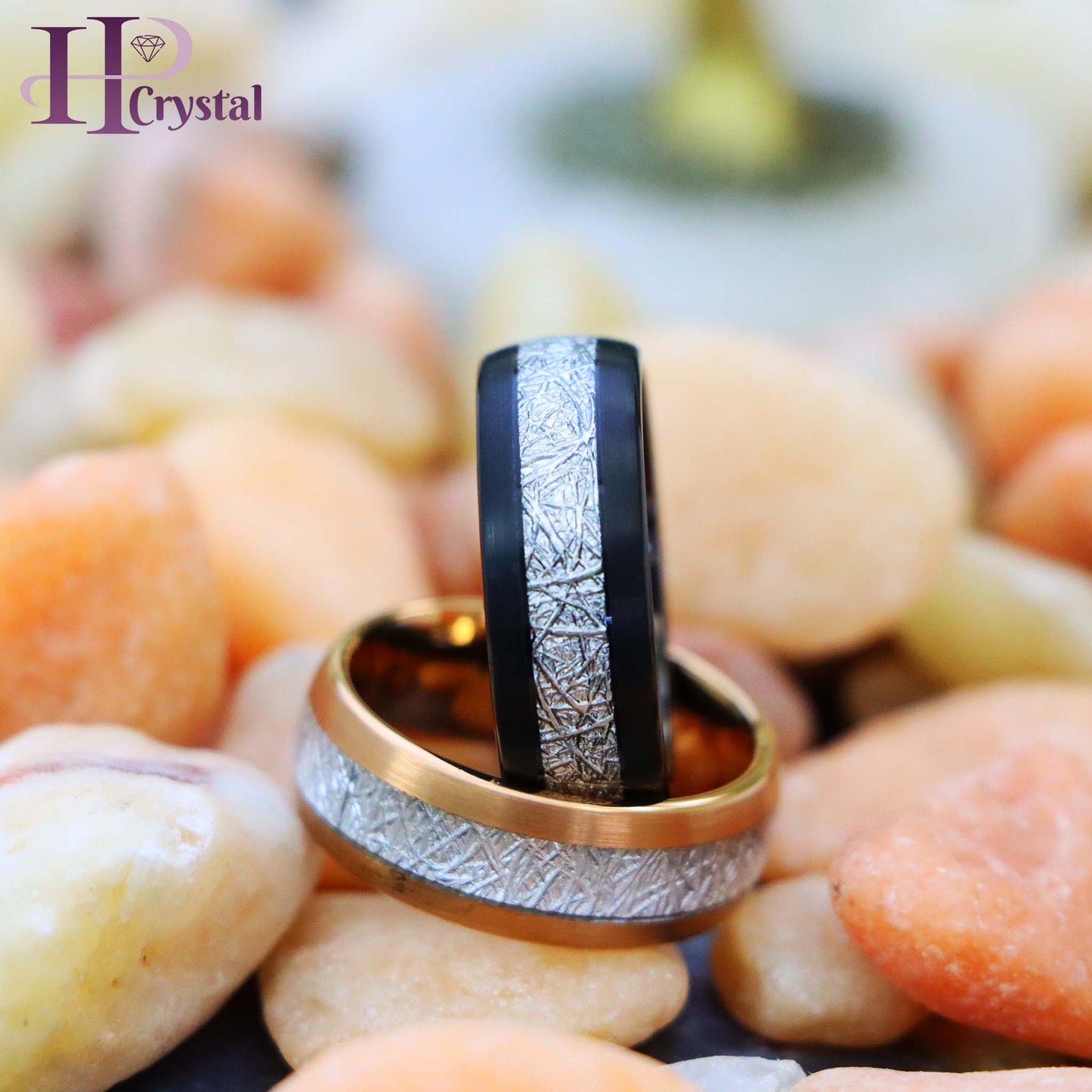 Semi-Domed Black IP/Rose Gold IP Plated Tungsten Ring with Imitation Meteorite Inlay